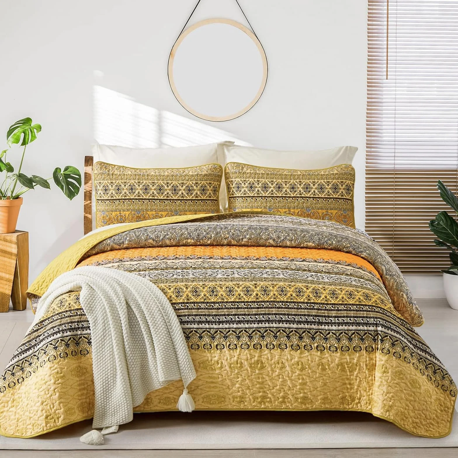 WONGS BEDDING Żółto-pomarańczowa kołdra boho w rozmiarze king size, lekka kołdra z mikrofibry, dekoracja łóżka na każdą porę roku, 260 x 229 cm (3 sztuki)