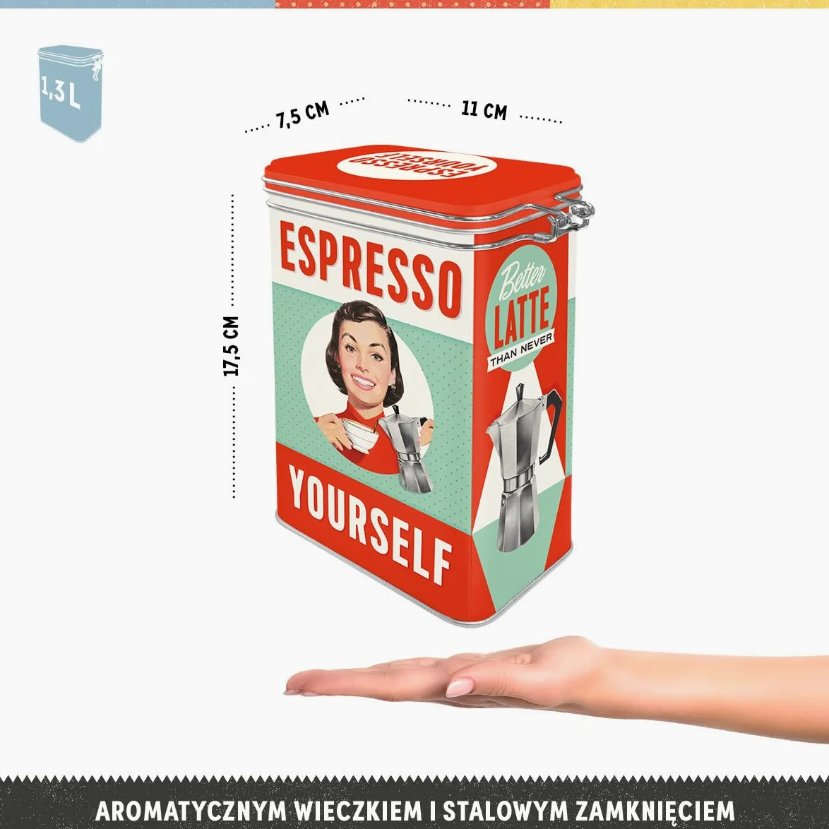 Nostalgic-Art Retro puszka na kawę, 1,3 l, Espresso Yourself – Pomysł na prezent dla miłośników kawy, metalowy pojemnik z pokrywką aromatyczną, Styl vintage