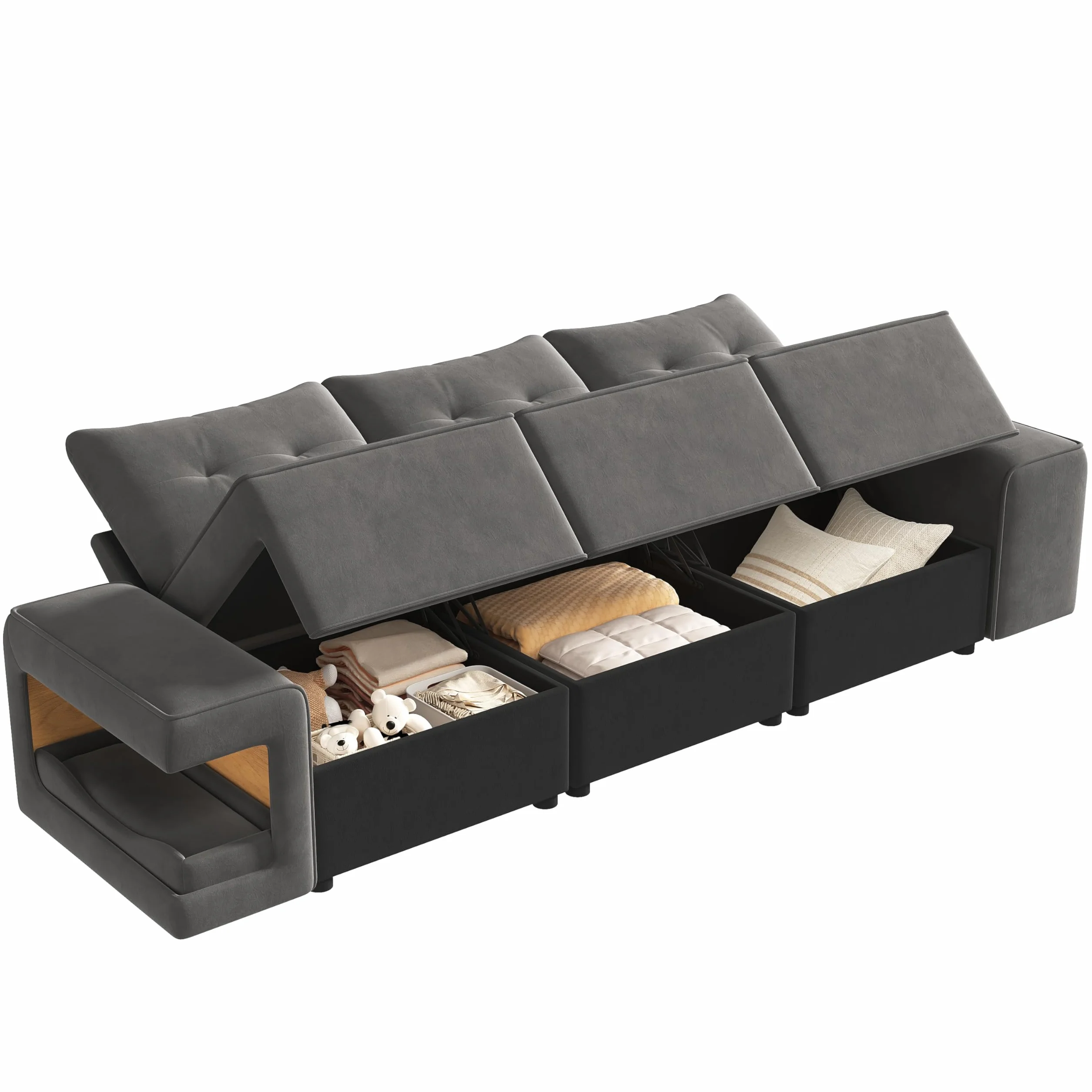 Nowoczesna 3-osobowa sofa, modułowa sofa Cloud z szerokimi podłokietnikami, miejscem do przechowywania, wyściełanym obszarem dla zwierząt domowych, w zestawie 2 poduszki, szara