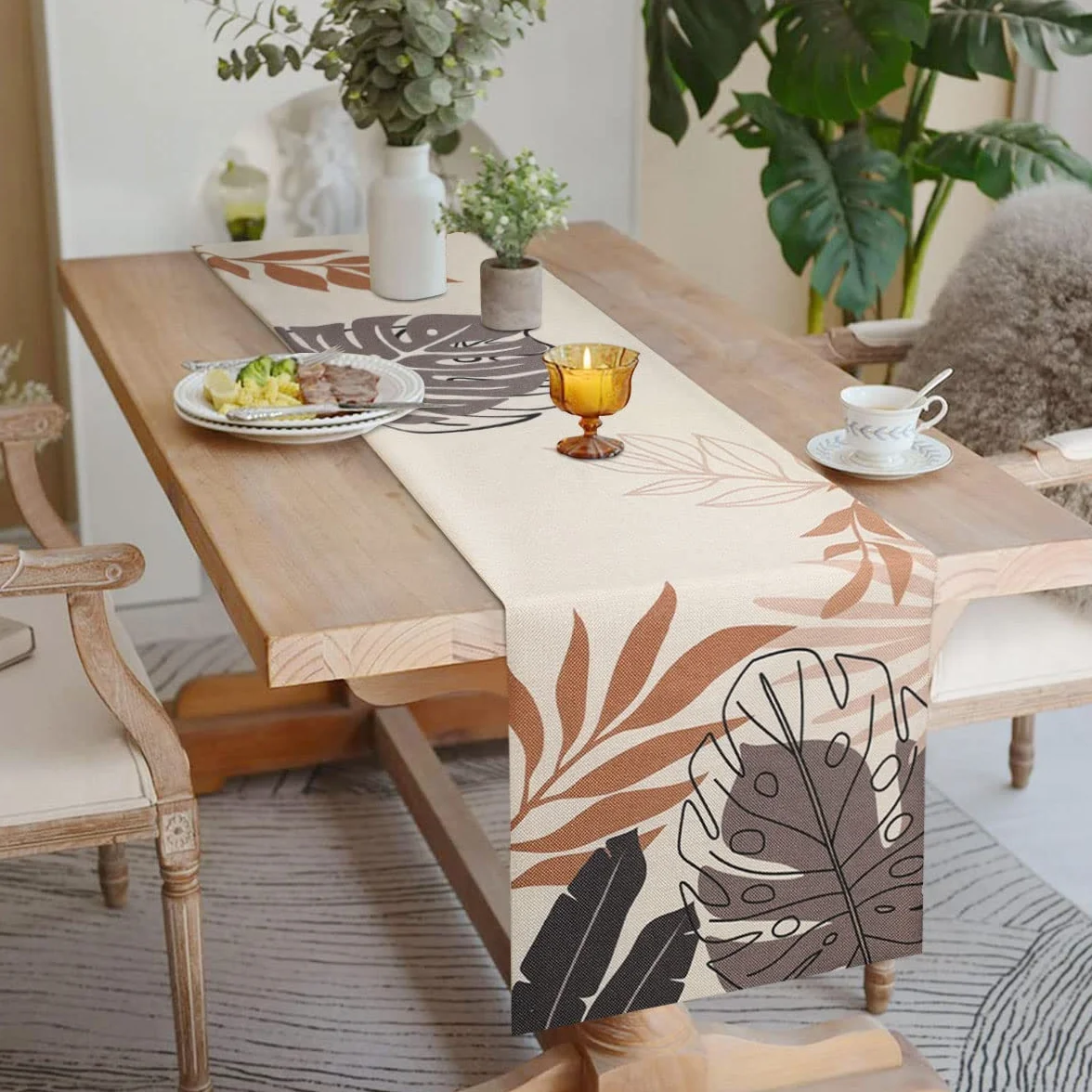 Bieżnik na stół, nowoczesny, tropikalne liście, lniany bieżnik w stylu boho, zmywalny, zielone liście, bieżnik 33 x 183 cm, antypoślizgowy obrus na stół jadalny