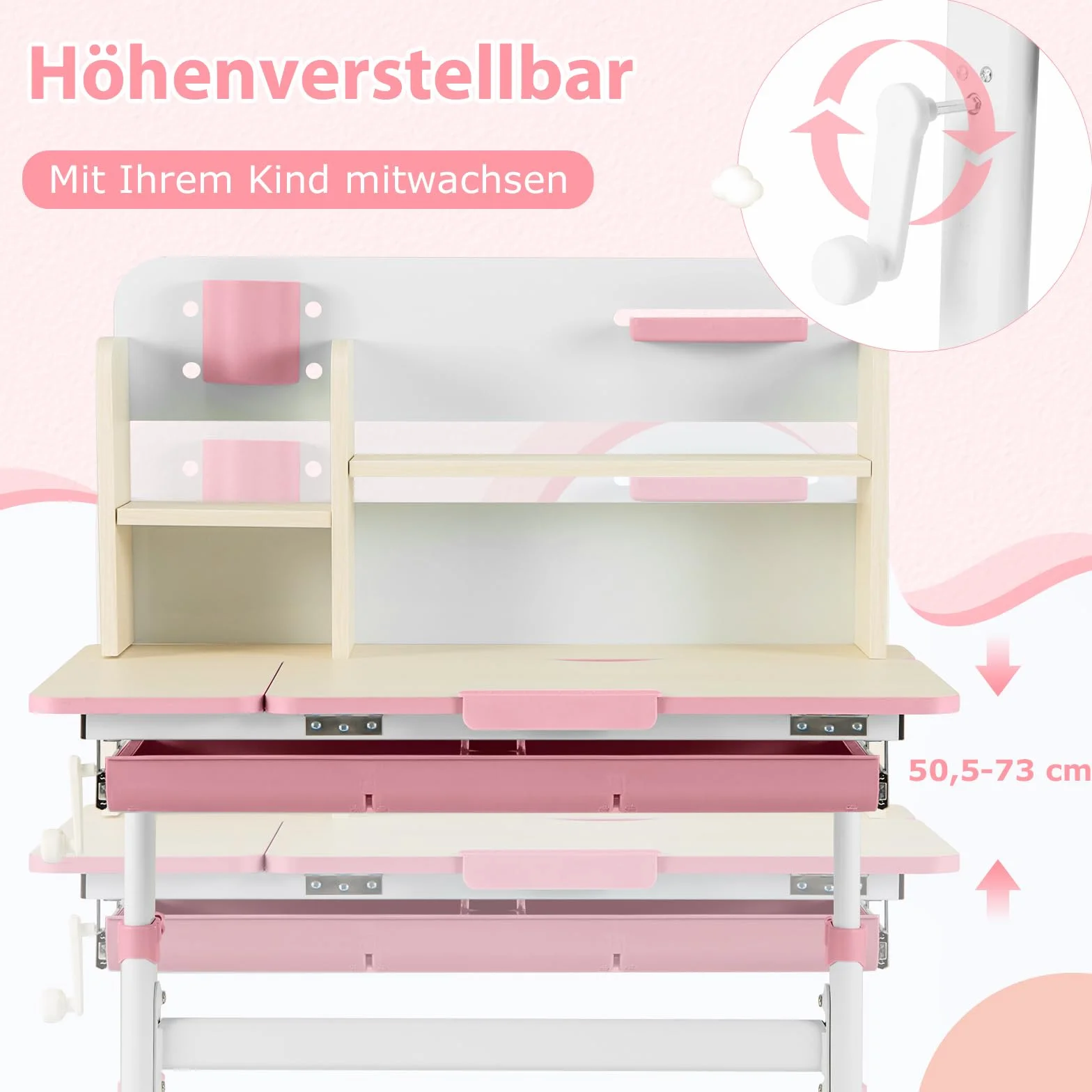 COSTWAY Biurko dziecięce z regulacją wysokości, biurko dla dzieci z odchylanym blatem, regałami i szufladą, biurko młodzieżowe, dla dzieci w wieku 3-12 lat (różowe)