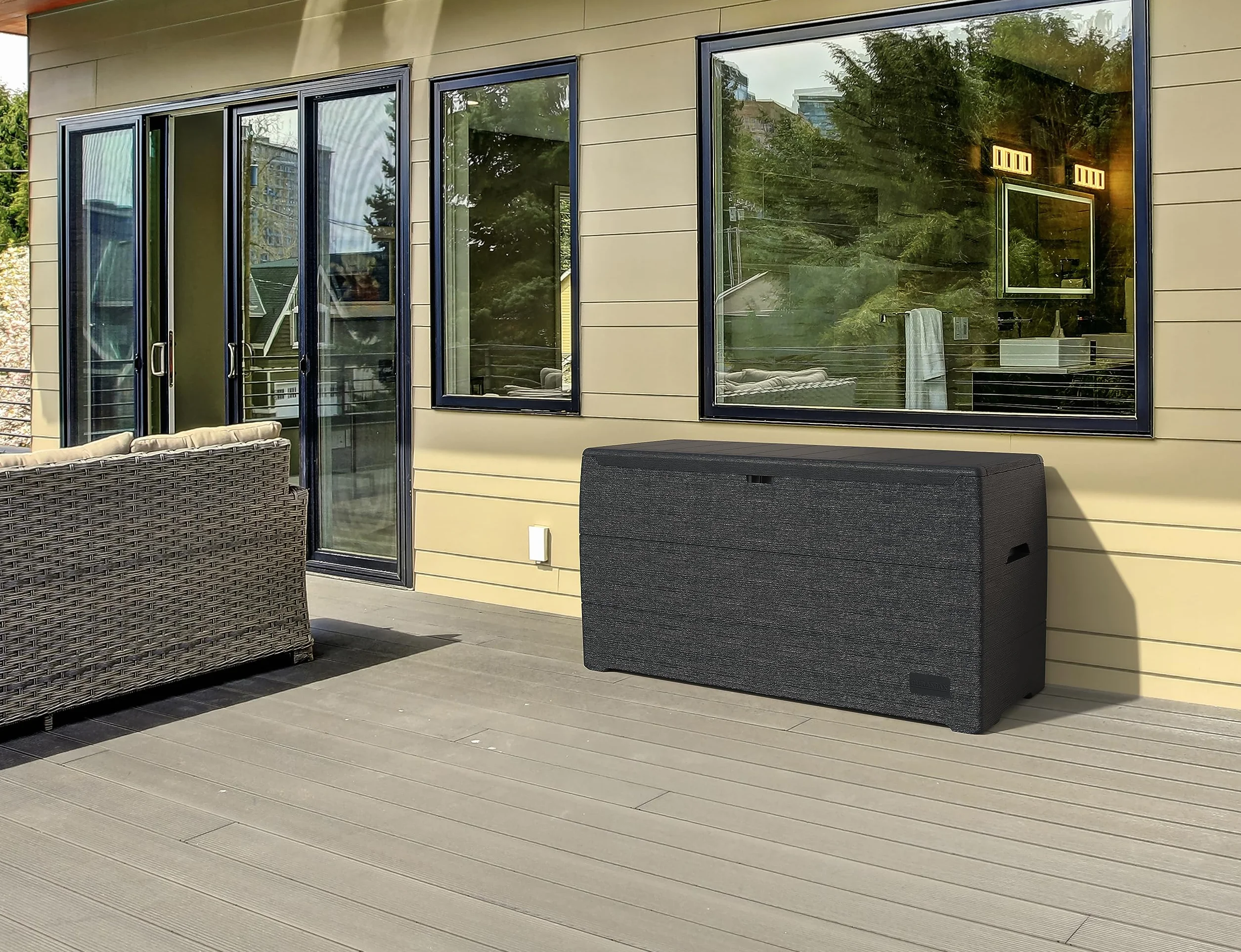 Duramax Cedargrain Durabox 270 litrów/71 galonów pojemnik do przechowywania, Organizer na meble ogrodowe, plastikowe pudełko na poduszki, pudełko na patio, ciemnoszary