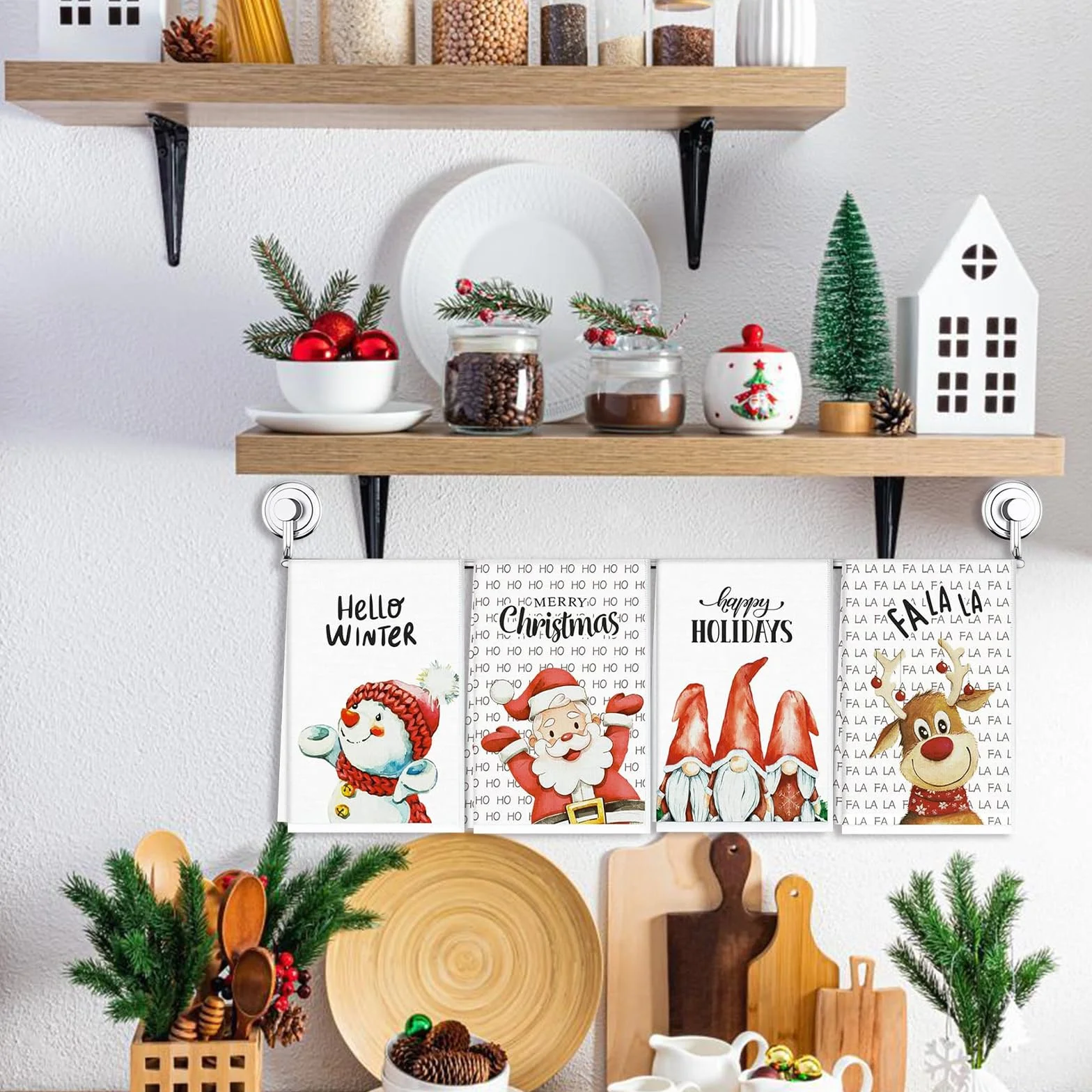 LUVDECO 4 szt. Świąteczne ręczniki herbaciane dekoracje niebieskie ręczniki kuchenne białe chłonne świąteczne ręczniki do herbaty z mikrofibry Świąteczny talerz na prezent Pieczenie Dekoracja domu (B)