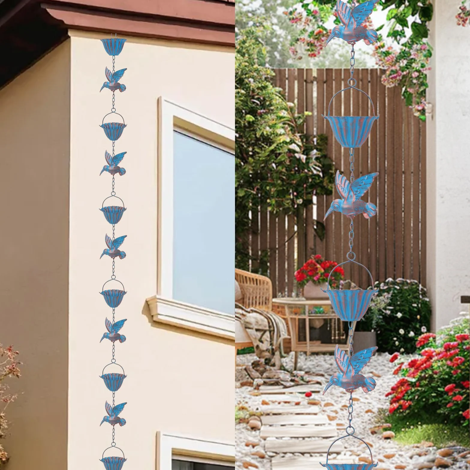 Łańcuch przeciwdeszczowy z kolibrem, 2,4 m, metalowy łańcuch spustowy w kolorze retro, 7 ptaków i 7 filiżanek, łańcuch przeciwdeszczowy Hummingbird, metalowy łańcuch przeciwdeszczowy do rynien