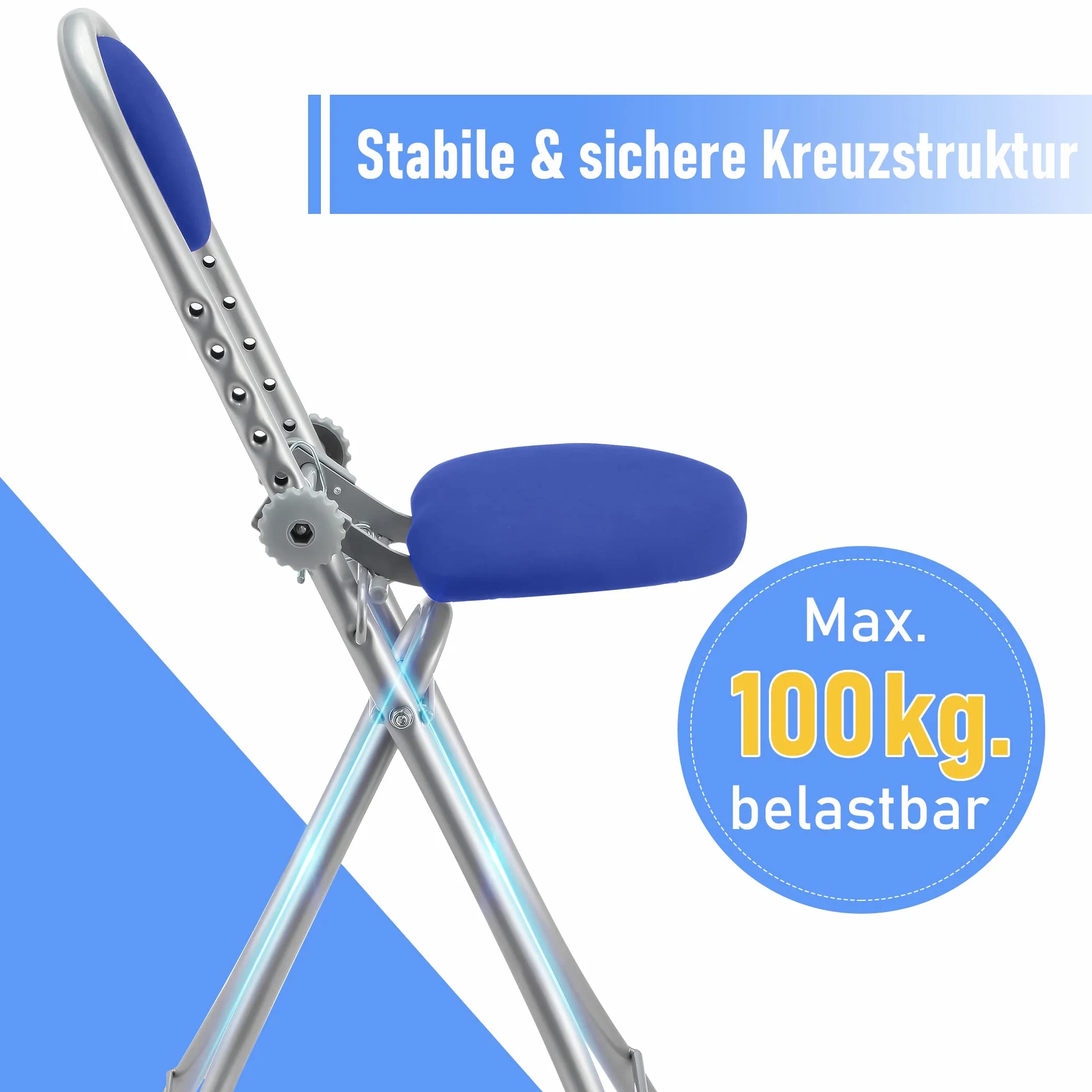 Ribelli Podpórka do prasowania, krzesło stojące, 6-stopniowa regulacja wysokości, krzesło do prasowania, ergonomiczne siedzenie – siedzisko stojące do prasowania z oparciem (kolor niebieski)