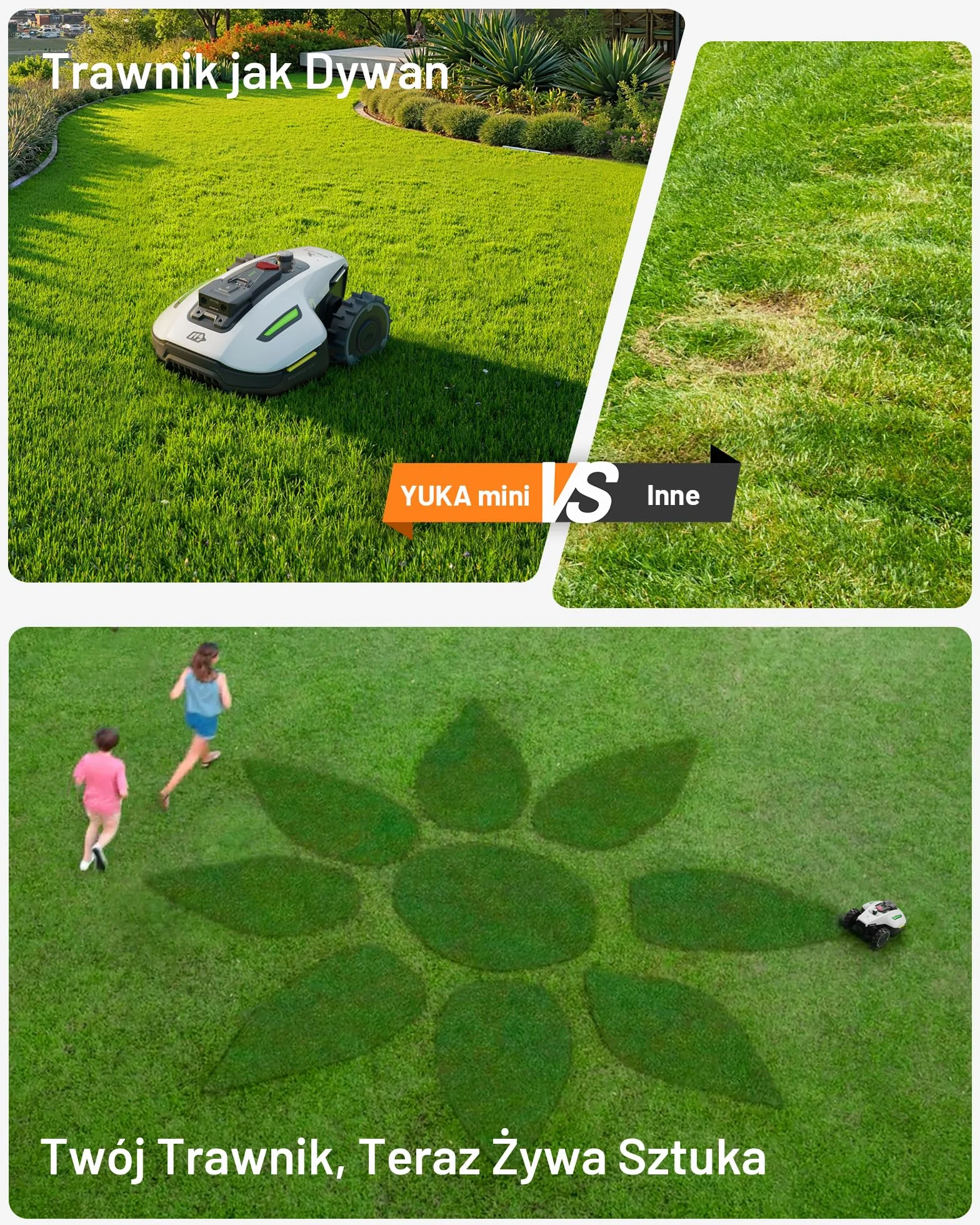 Robot koszący MAMMOTION YUKA Mini 500 z zapasowymi ostrzami, NetRTK+Vision, nie wymaga anteny RTK, automatyczne mapowanie, Rec. 500 m², maks. 700 m², z modułem 4G