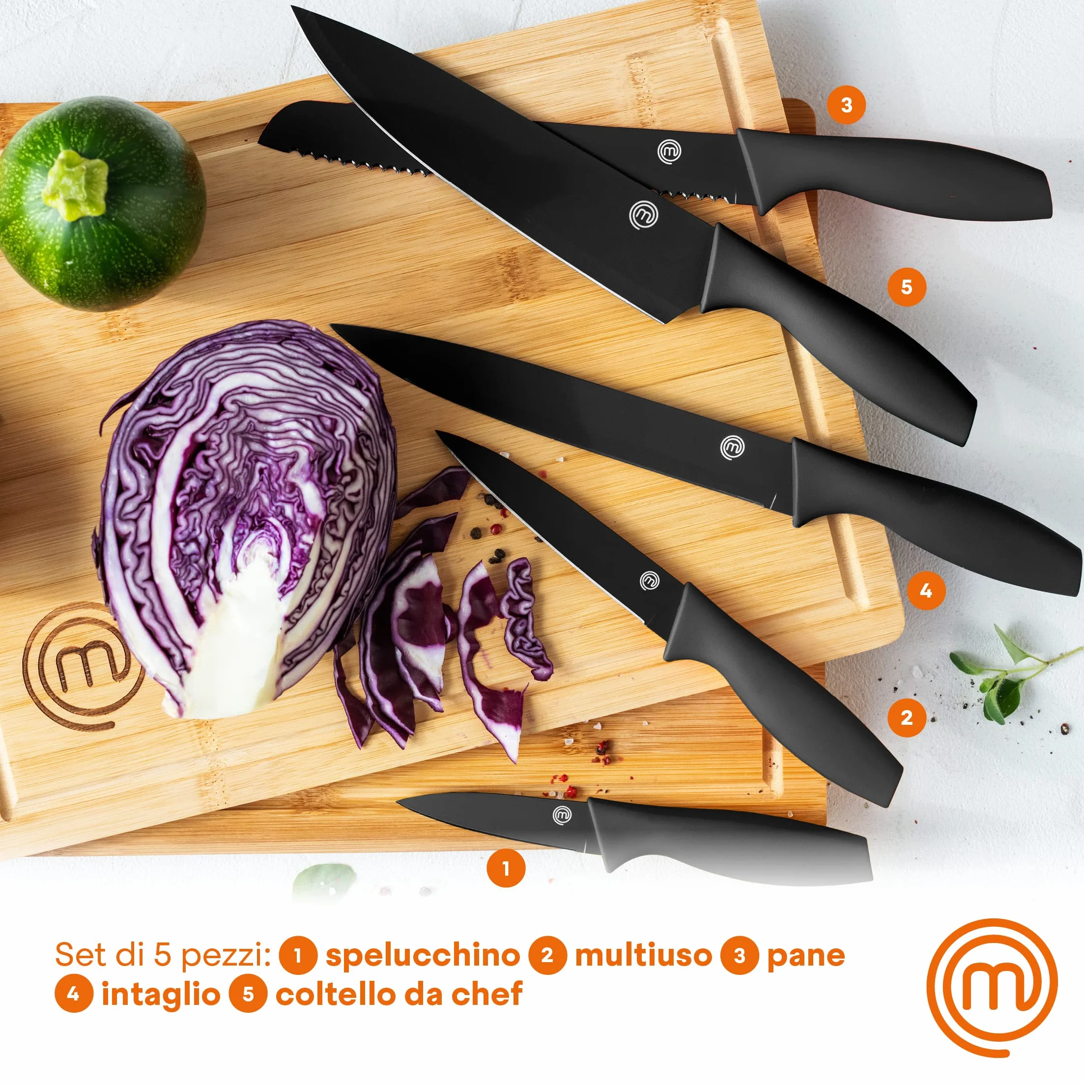 MasterChef Zestaw Noży Kuchennych 5-Częściowy, Nóż Szefa Kuchni, do Chleba, Porcjowania, Obierania i Uniwersalny, Stal Nierdzewna, Ergonomiczne Miękkie Uchwyty, Powłoka Nieprzywierająca, Czarny