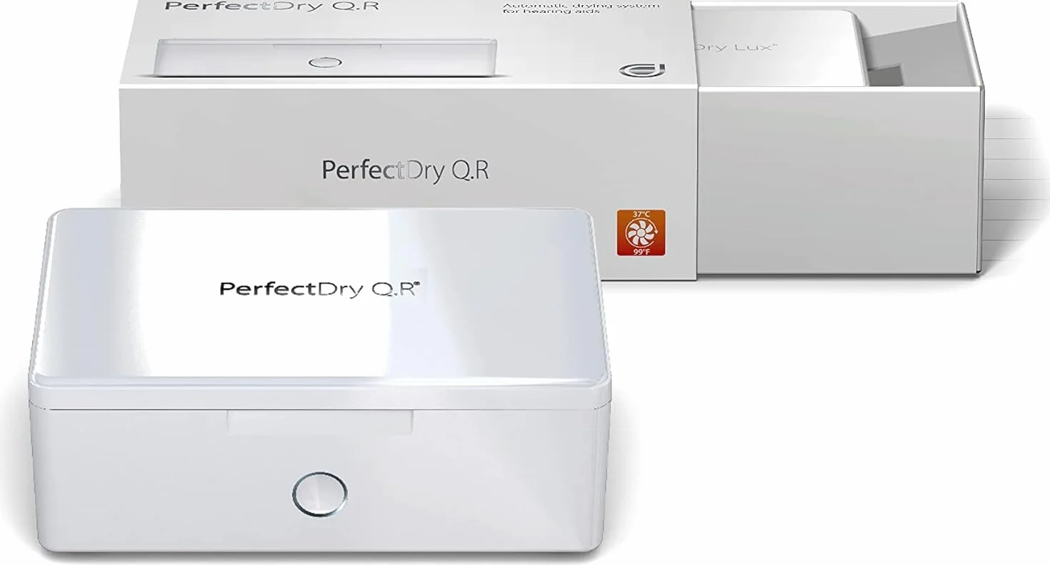 Audinell PerfectDry Q.R. elektroniczna suszarka do aparatów słuchowych, szybkie 45 minut, z wentylatorem, osuszaczem i suszarką do aparatów słuchowych, eliminuje pot i