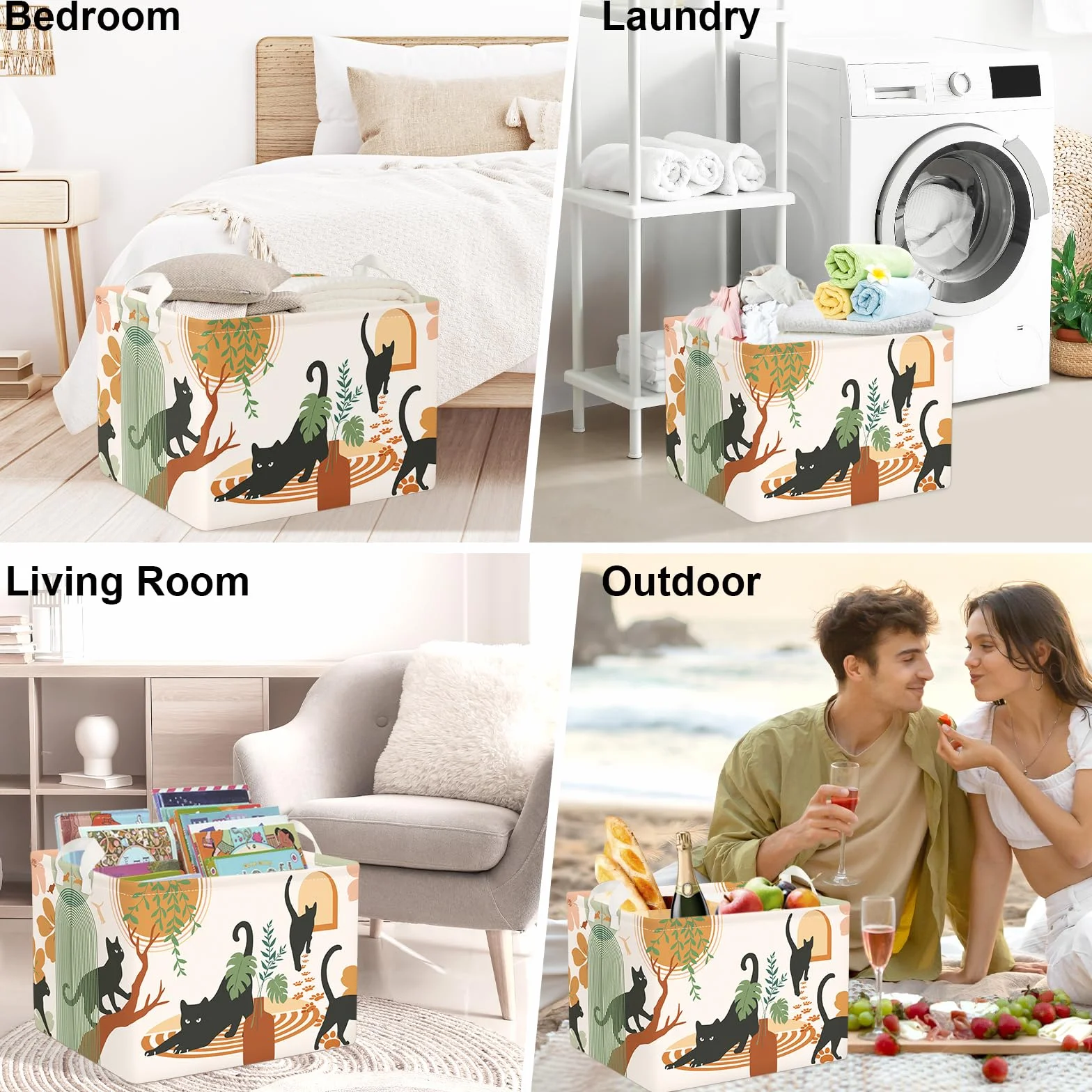 Clastyle Boho Tier Wäschekorb mit Henkel Składany Kosz na bieliznę z uchwytem dla dziewczynek, kobiet; do przechowywania ubrań i zabawek; do pokoju dziecięcego, łazienki, motyw kota, 40x30x30 cm