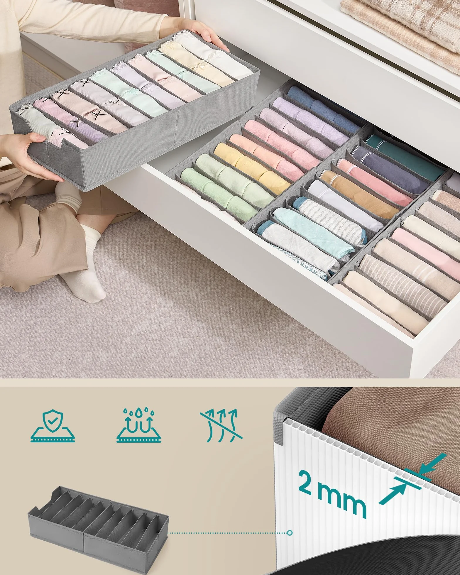 SONGMICS Zestaw 4 przegródek do szuflad IKEA PAX z separatorami, składanymi organizerami bielizny, 50 x 22 x 10 cm, szary taupe RUS015G01