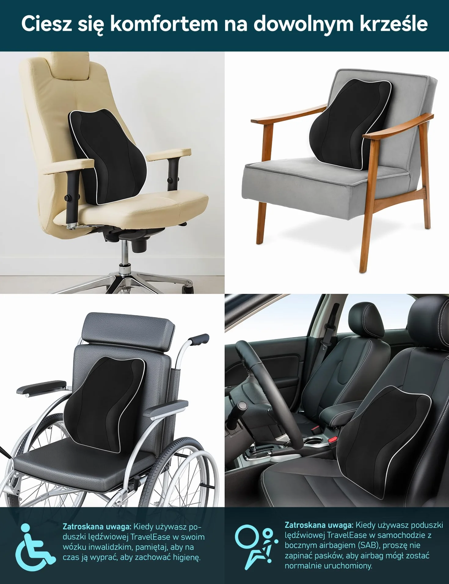 TRAVEL EASE Ergonomiczna Poduszka Lędźwiowa, Podparcie Pleców z Pianki Zapamiętującej Kształt do Fotela Samochodowego Krzesło Biurowe, Oparcie z Antystatyczną Osłoną i Regulowanymi Paskami, Czarny