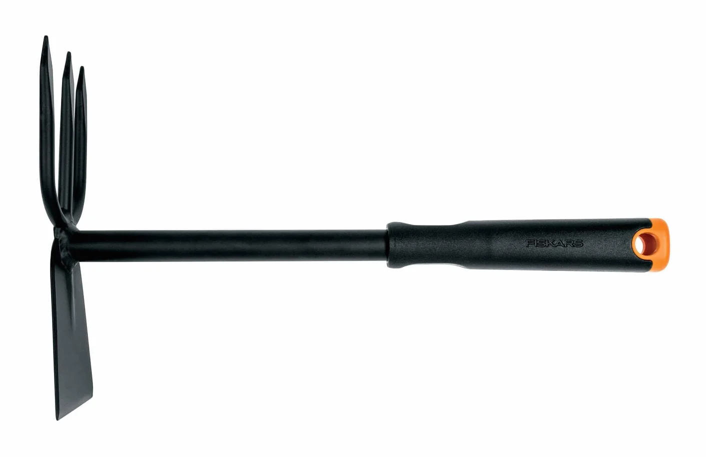 Fiskars Motyka dwustronna, Szpiczaste zęby, Długość 30,5 cm, głowica ze stali nierdzewnej, Trzonek z tworzywa, Czarno-pomarańczowy, Ergo, 1027030