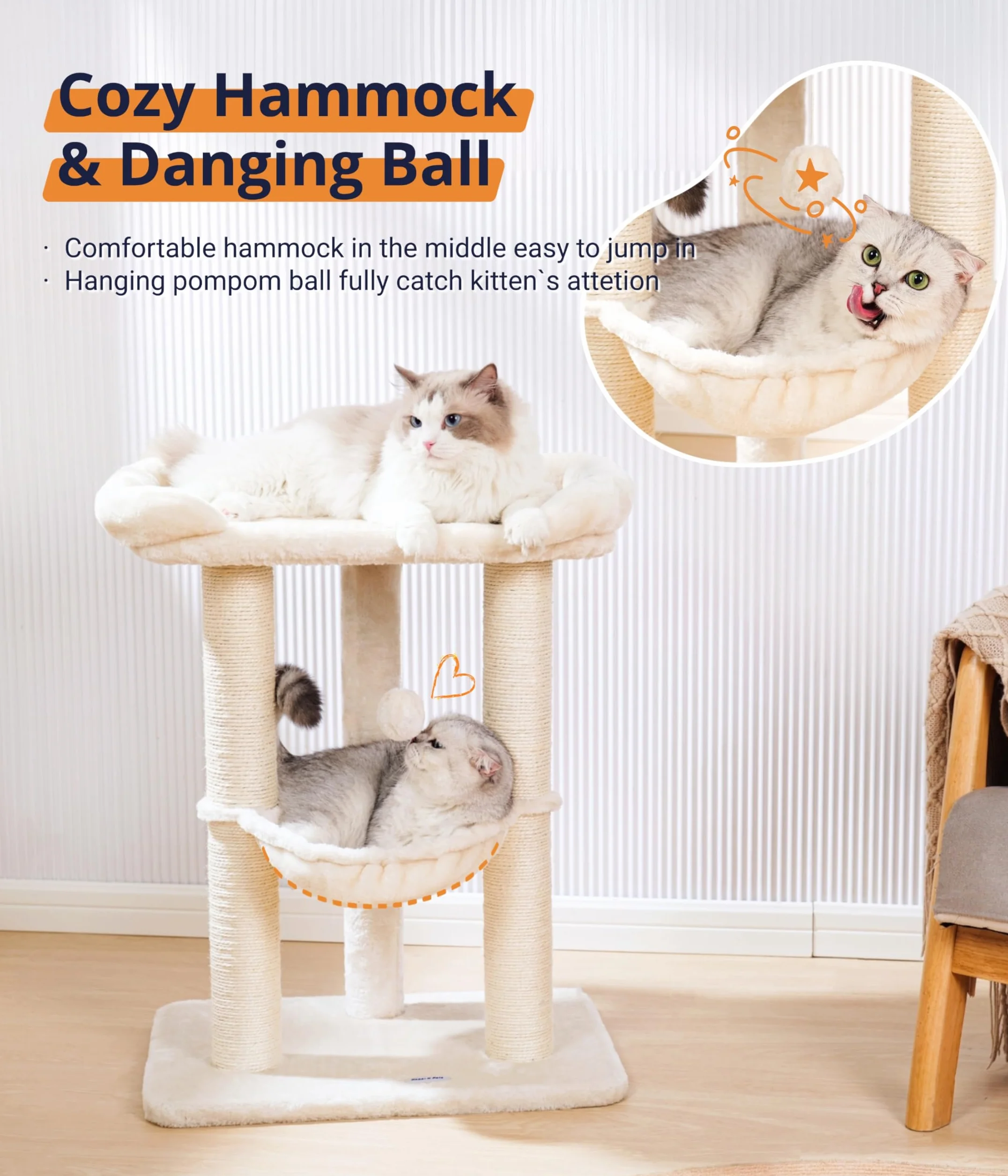 Happi N Pets Duża wieża dla kotów 71 cm drapak sizalowy z hamakiem dla dużych kotów Maine Coon