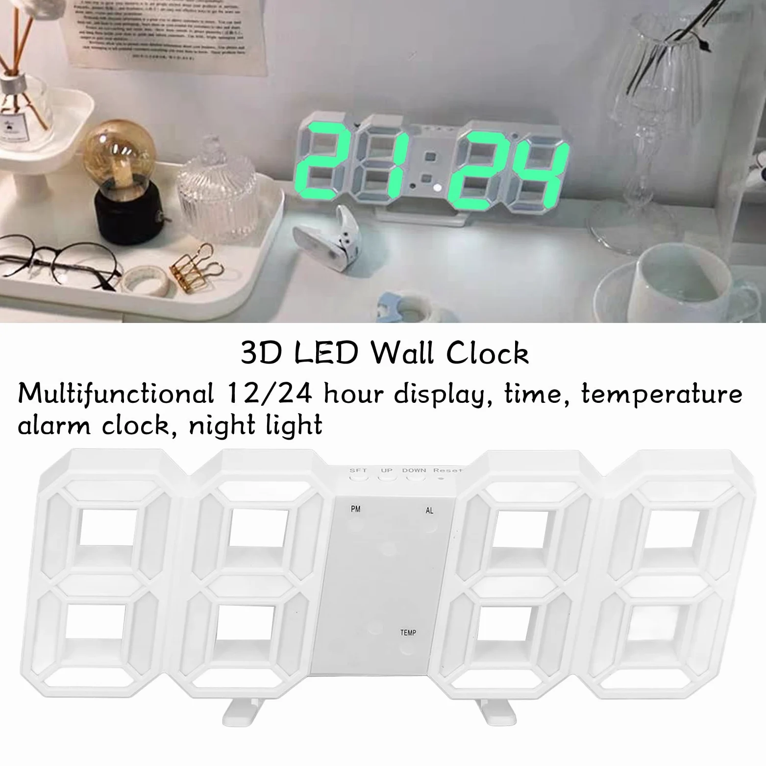 BuyWeek Zegar ścienny LED 3D, biała ramka, cyfrowy budzik, nowoczesny zegar ścienny z temperaturą, do dekoracji domu, salonu, zielony