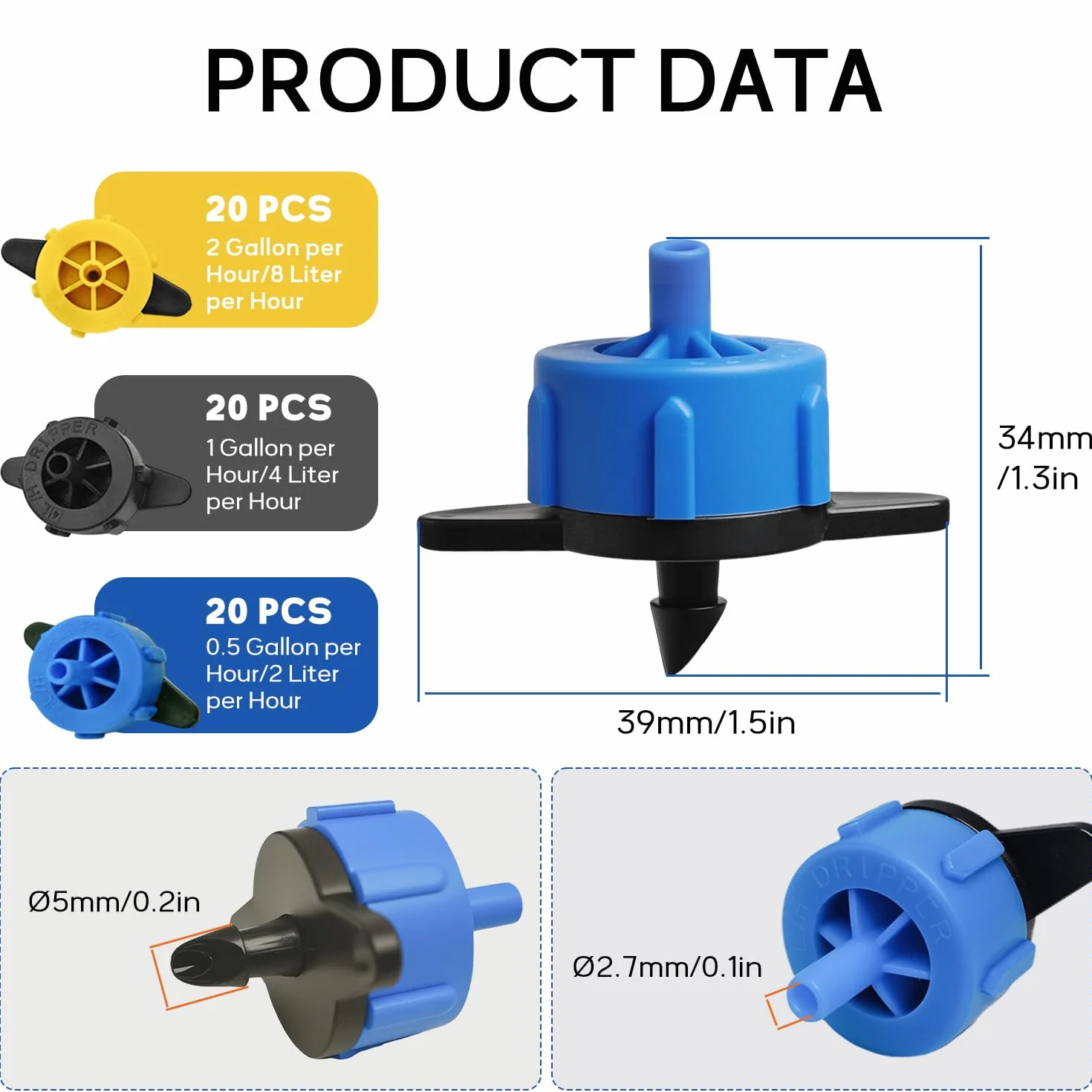 60 sztuk mikro-drip-System kroplowników z regulacją ciśnienia, 2 l/h, żółte, 4 l/h, czarne, 8 l/h, niebieskie do nawadniania w rolnictwie i prac ogrodowych
