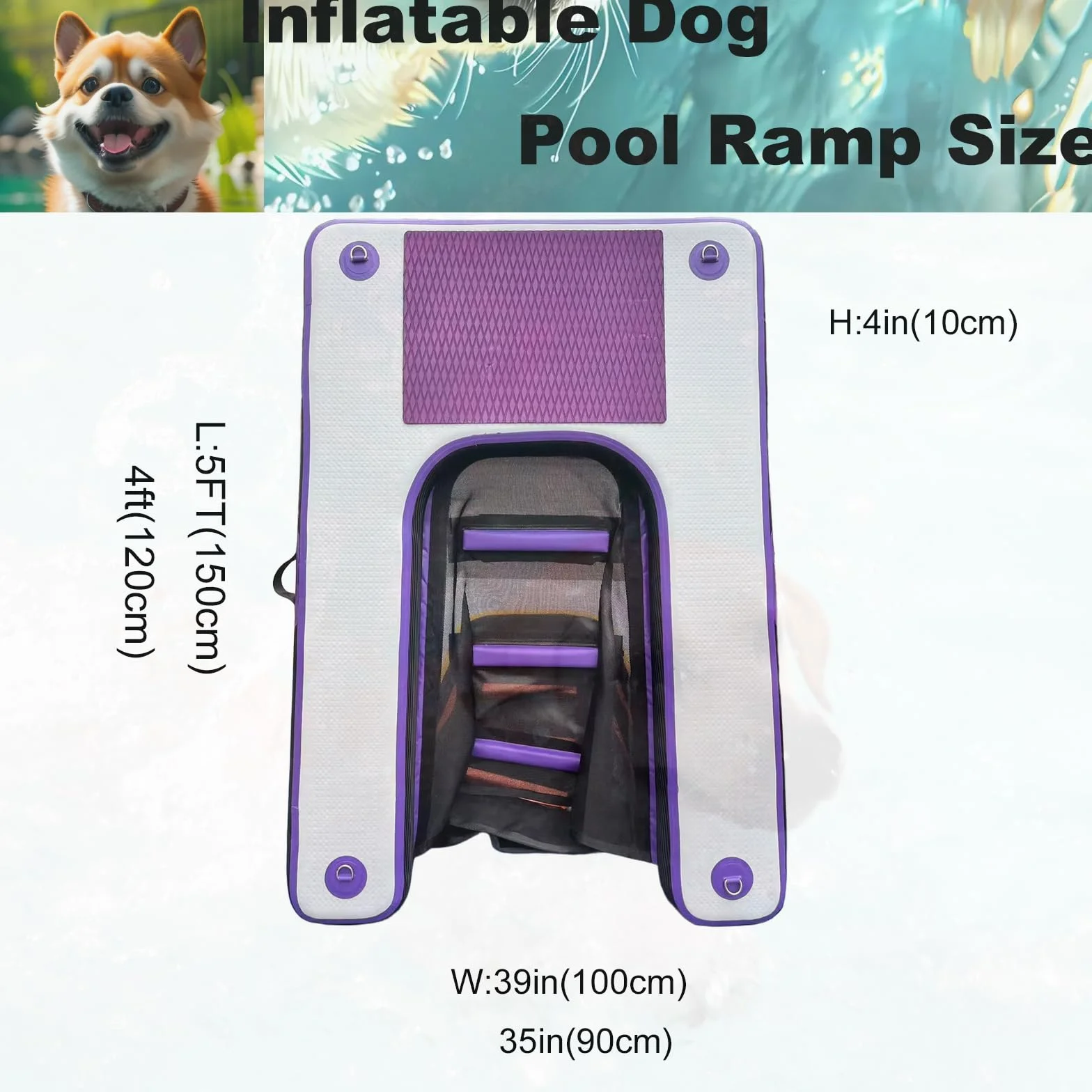 HEYLIFE Nadmuchiwana rampa dla psów 99 kg 1,2 m x 0,9 m x 10 cm fioletowy
