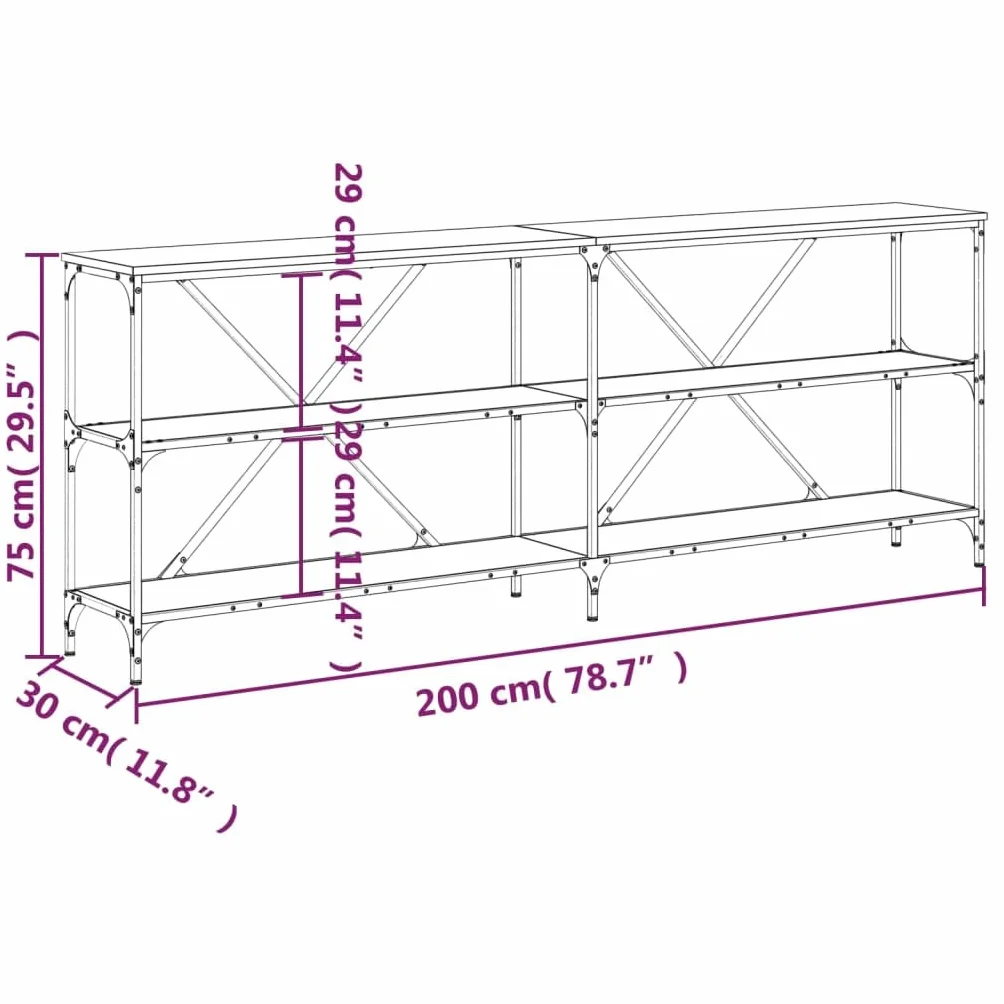 Stół konsoli z drewna i żelaza 200 x 30 x 75 cm | Regulowane nóżki z plastikowymi podkładkami, podwójna poprzeczka X, zintegrowane przechowywanie, mocowanie ścienne w zestawie