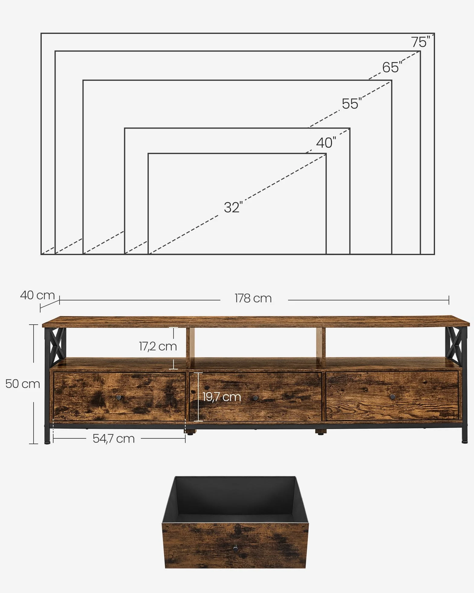 VASAGLE Szafka telewizyjna, stół telewizyjny do 80 cali, z 3 szufladami z tkaniny i 3 otwartymi przegródkami, 178 x 40 x 50 cm, do salonu, sypialni, stalowej ramy, rustykalny brąz i czarny LTV303KD01