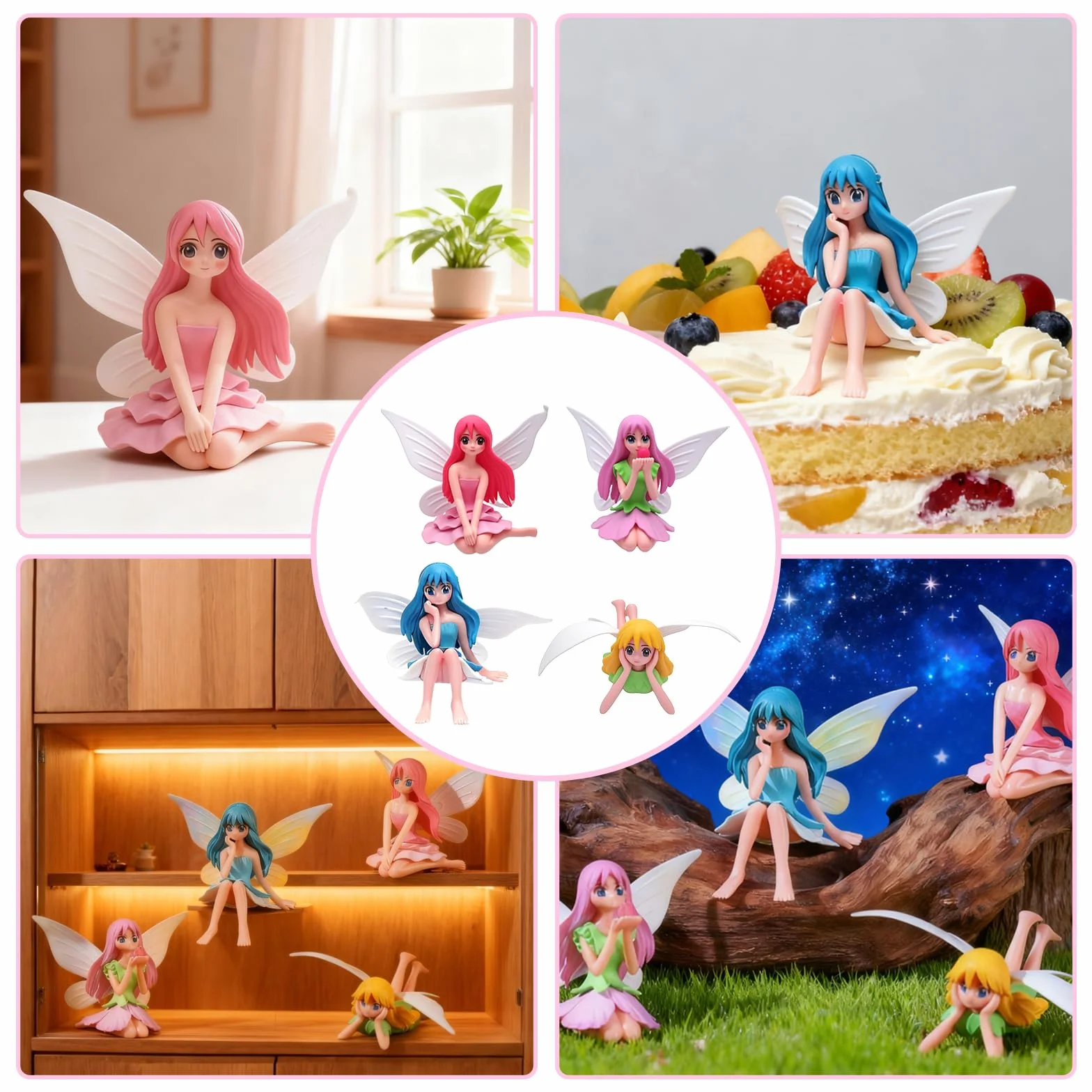 VOSSOT Figurki elfów, dekoracja ogrodowa, 4 sztuki, statuetka wróżek, prezenty, dekoracja i miniaturowe akcesoria do ogrodu wróżek, mała dekoracja ogrodowa do użytku na zewnątrz, wróżka, dekoracja