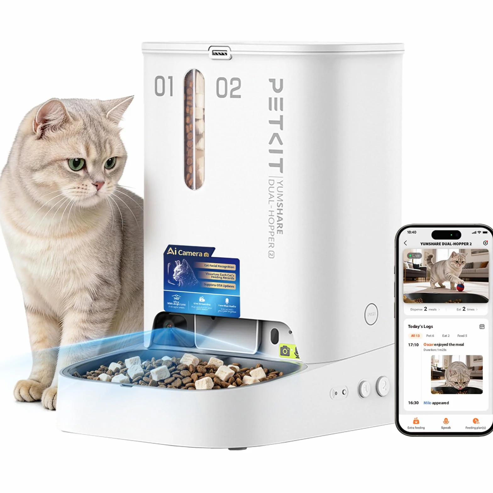 PETKIT Automatyczny Dozownik Karmy dla Kota z Kamerą 2.4G 5GHz WiFi 1080P HD Podwójny Lejek 5L
