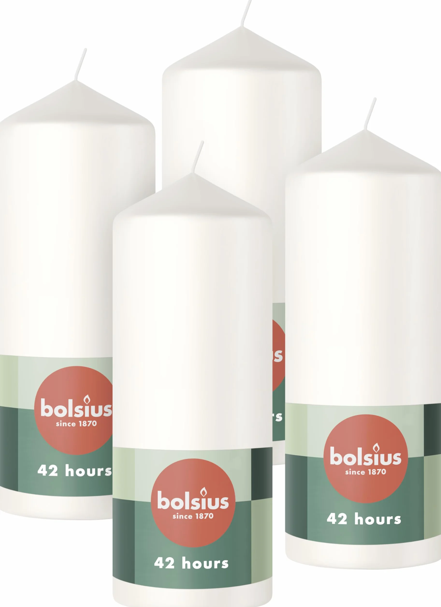 Bolsius Gładkie świece pieńkowe – białe – 4 sztuki – 15 x 6 cm – dekoracyjne świece domowe – długość palenia 42 godziny – bezzapachowe – zawierają naturalny wosk roślinny – bez oleju palmowego