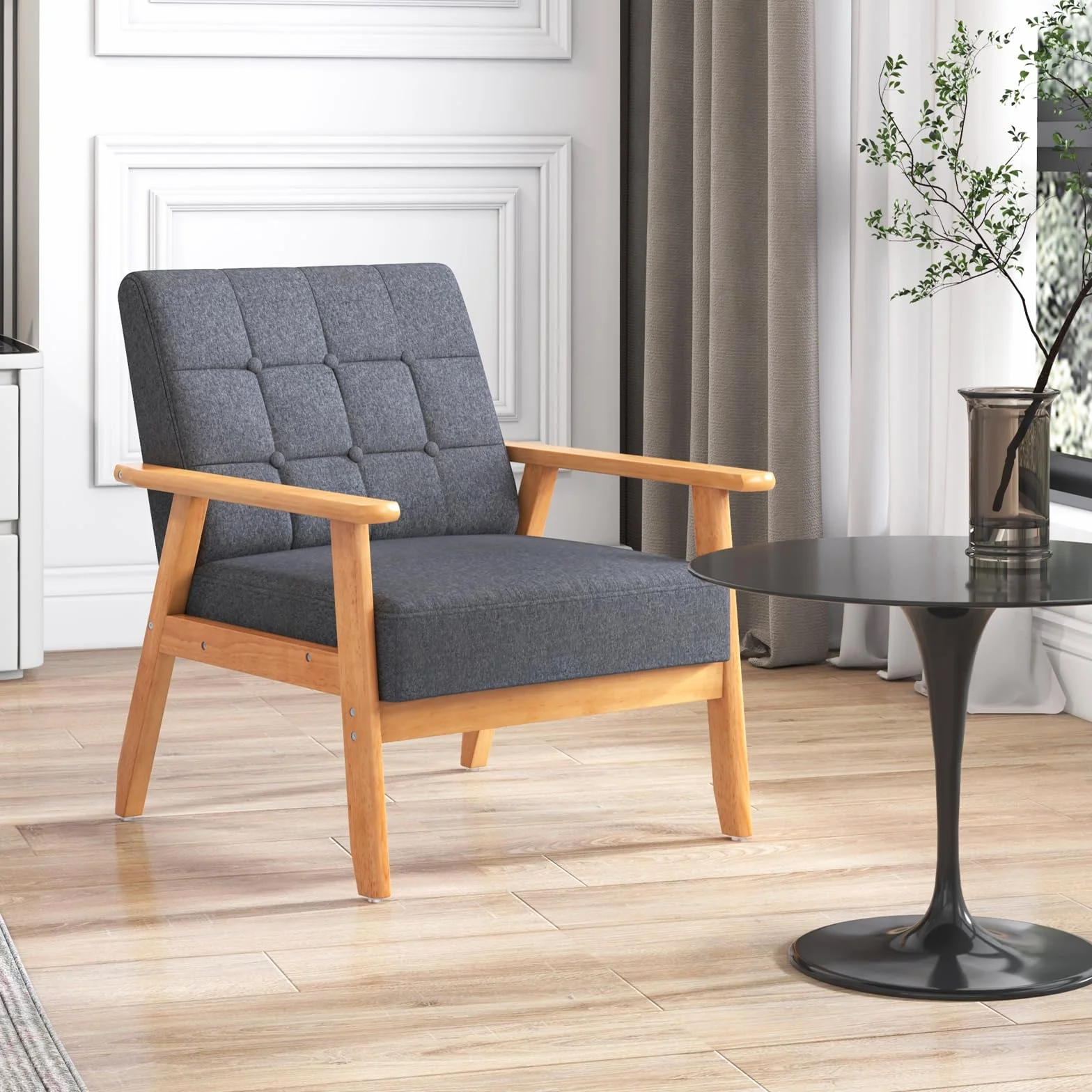 COSTWAY Fotel do salonu, tapicerowany fotel, do 150 kg, nowoczesne krzesło akcentujące z drewnianymi nogami i podłokietnikami, fotel koktajlowy, tapicerowany fotel do sypialni, biura, 72 x 65 x 76 cm