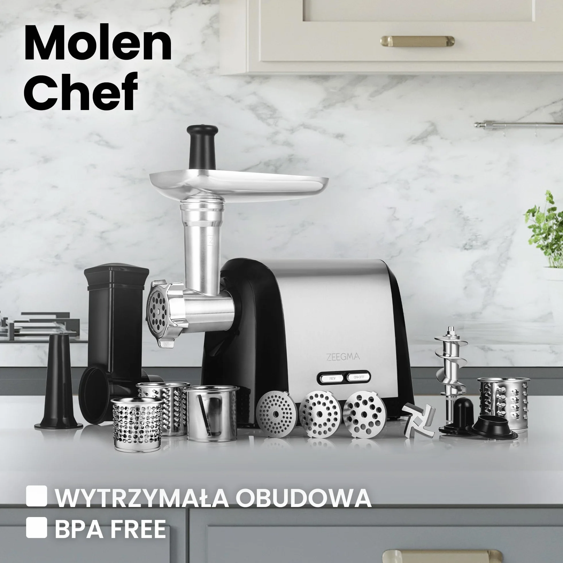 ZEEGMA Molen Chef maszynka do mielenia mięsa, moc 1900W, metalowa taca i obudowa, wydajność 1,8kg/min, 3 dyski, nakładka kebbe, szatkownica warzyw, pojemnik na akcesoria, trzy bębny tnące (Srebrny)