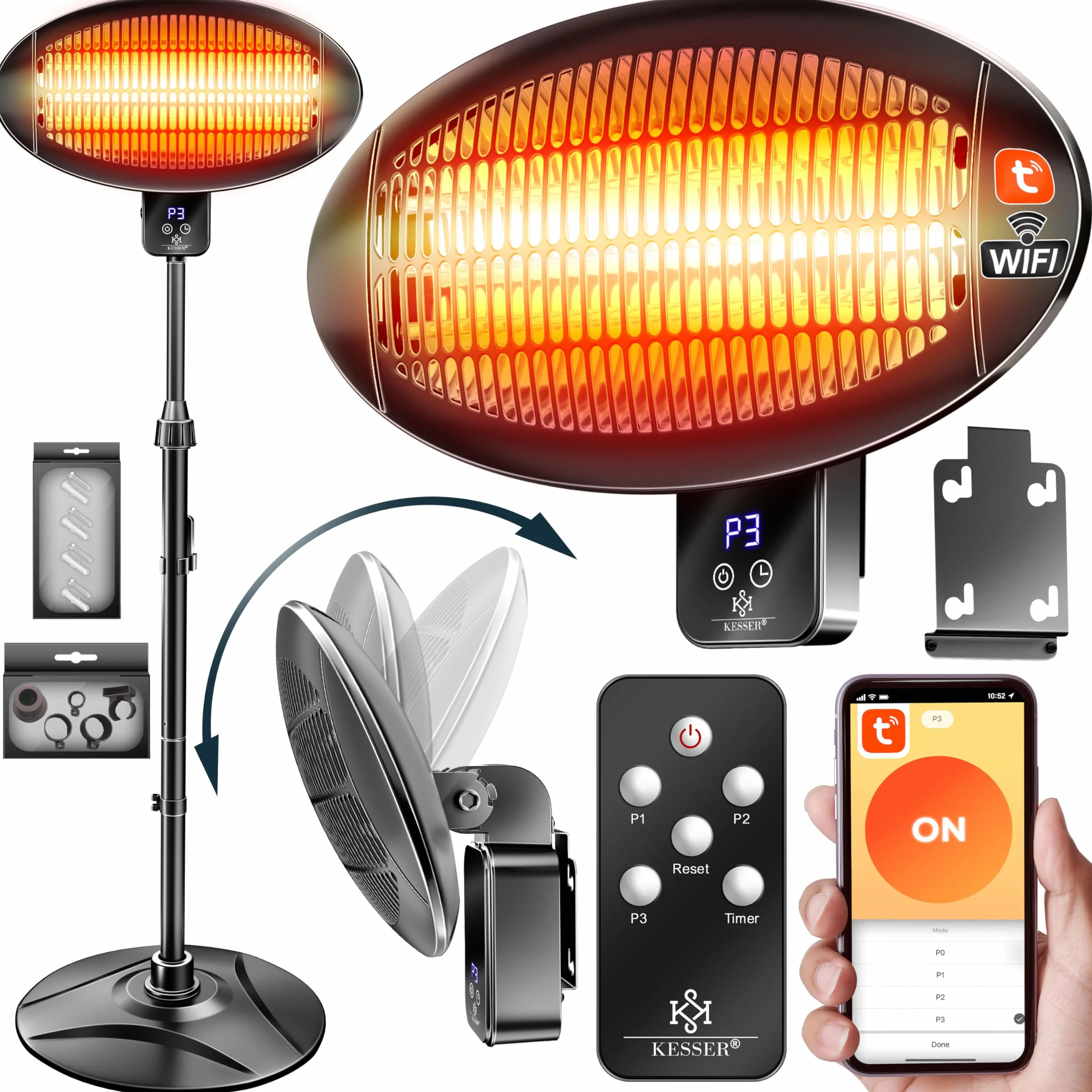 KESSER® Promiennik podczerwieni 2000 W, promiennik tarasowy z WiFi i pilotem zdalnego sterowania, obracany o 360°, regulacja wysokości, stojący i montaż ścienny, ochrona przed przewróceniem, IPX4,