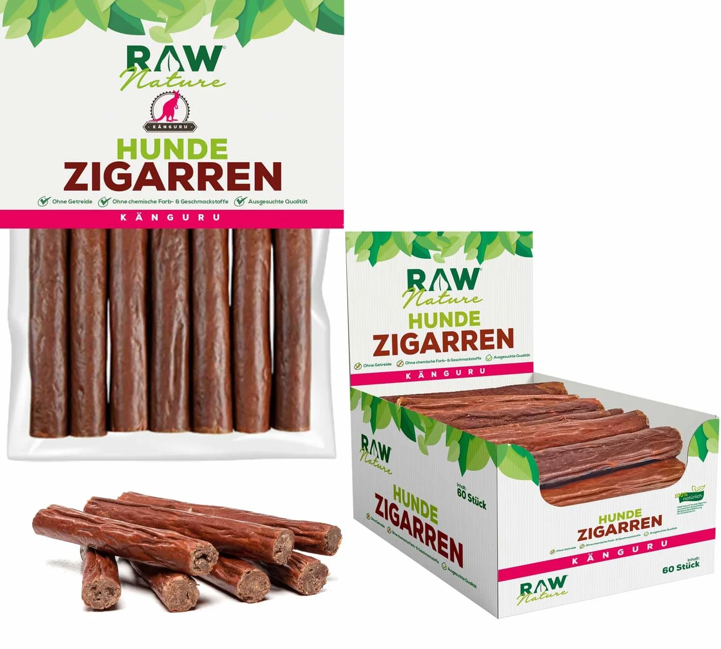 RAW Nature Psie cygaro kangur, 7 sztuk, 100% naturalna przekąska dla psa, monoproteina, hipoalergiczne i bez zbóż, suszone na powietrzu mięso kangurka, suszone mięso, wysokiej jakości mięso