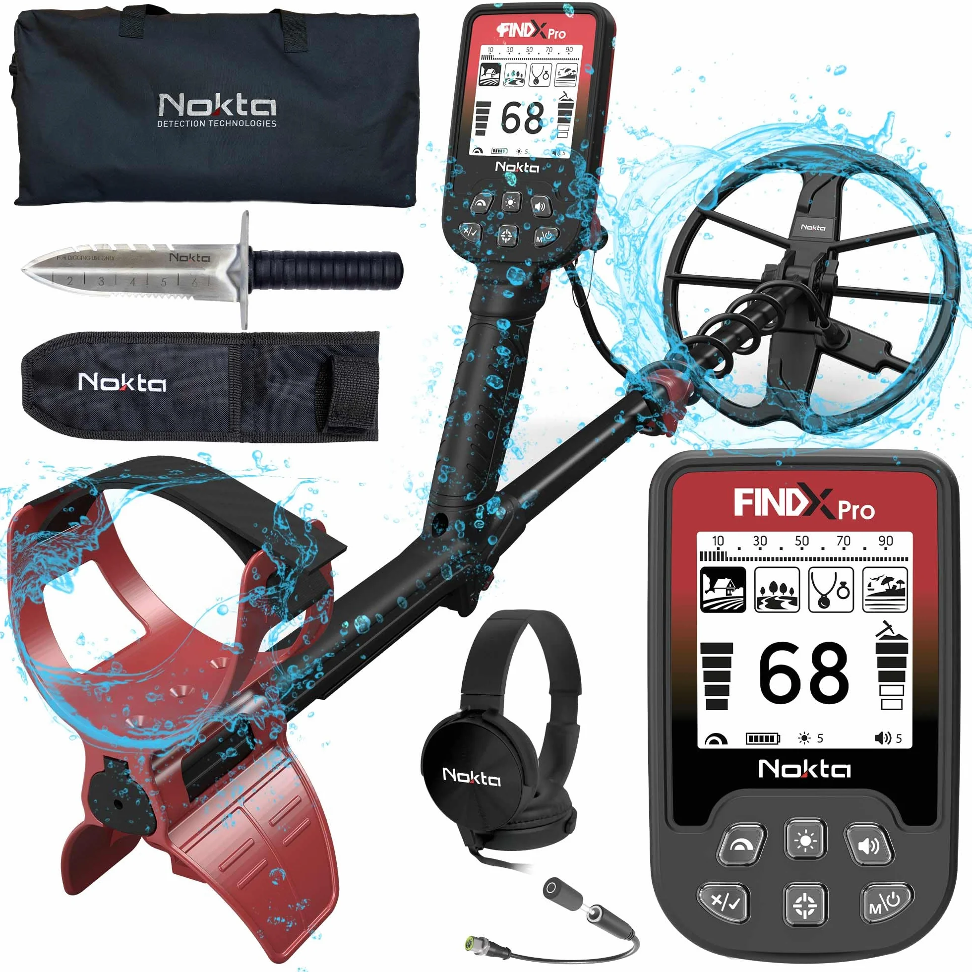 Nokta Findx Pro wykrywacz metalu dla dorosłych, profesjonalny, lekki, wodoodporny wykrywacz złota, Pinpoint, ładowanie USB, podświetlany wyświetlacz LCD, kompletny zestaw ze słuchawkami, torbą do
