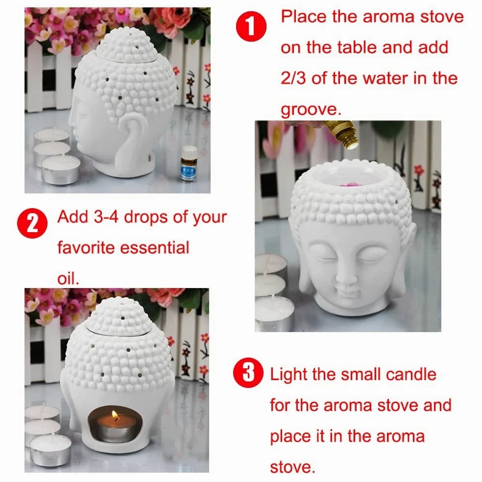Jeanoko Ceramiczny palnik głowa Buddy z olejkiem głowa Buddy biały świecznik dyfuzor aromaterapeutyczny wystrój domu