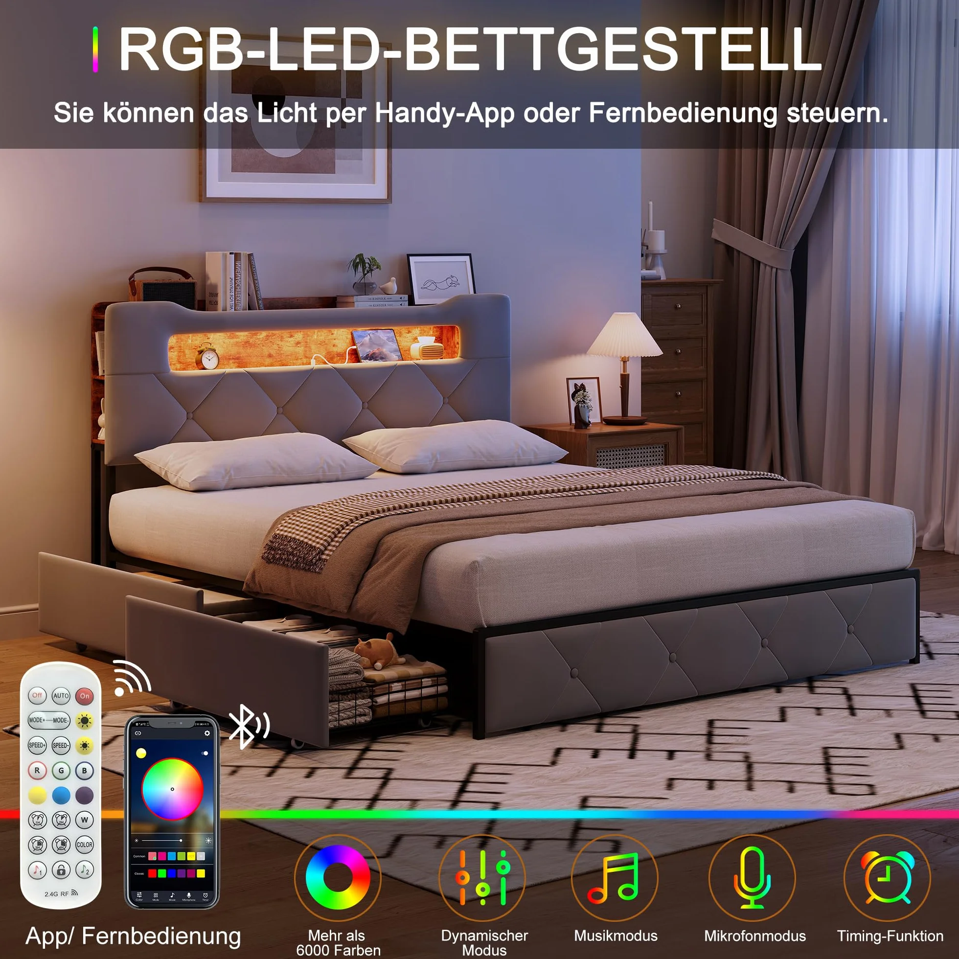 CDQL Łóżko tapicerowane podwójne 160 x 200 cm z 4 szufladami, łóżko młodzieżowe ze złączem USB i oświetleniem LED, zagłówek ze schowkiem, łóżko dla gości, łóżko funkcyjne, aksamit, szare