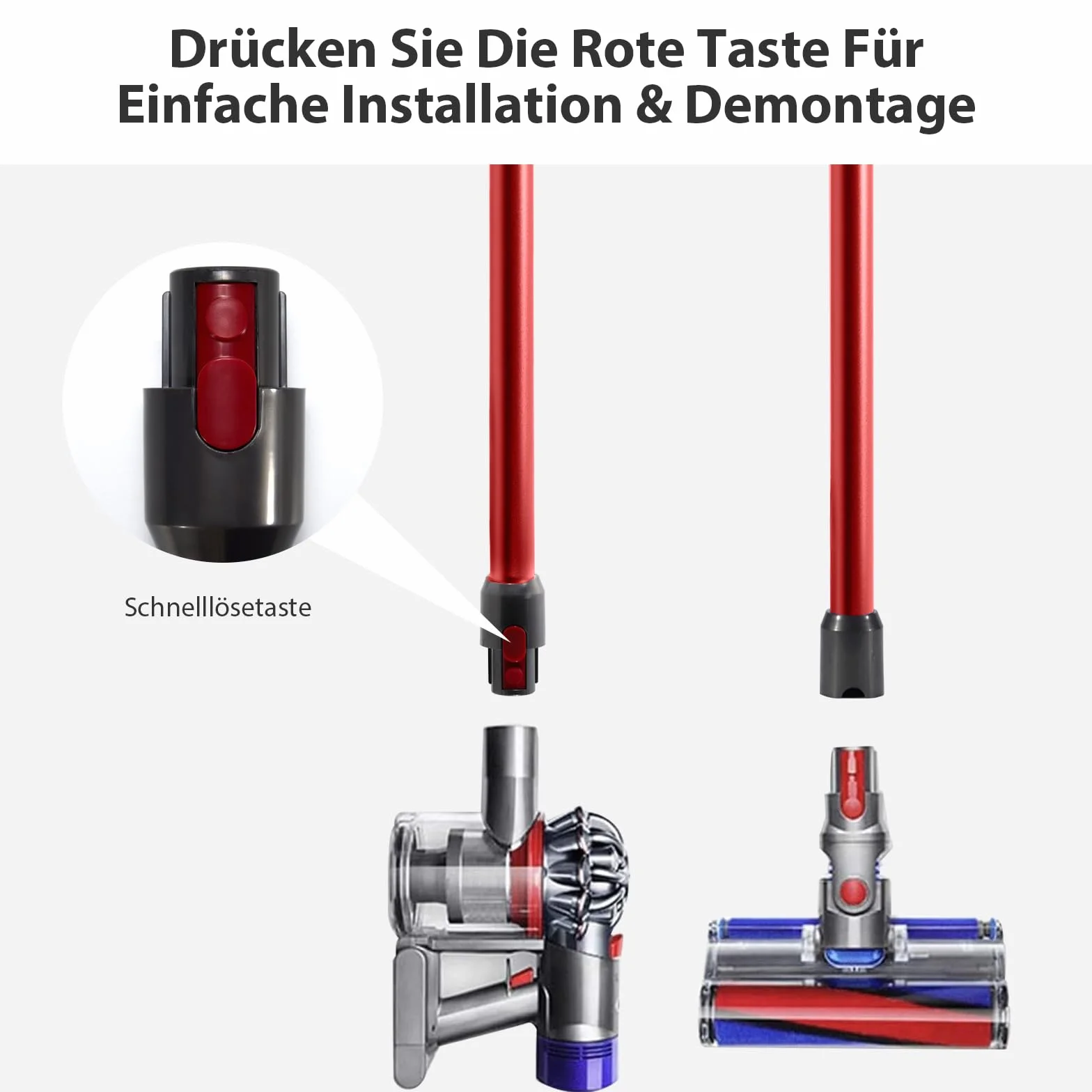 Dyson teleskopowa rura kompatybilna z V7, V8, V10, V11, V15, sztywna rura do V11, szybkie zapięcie, ssak z dwiema szczotkami 2 w 1, czerwona