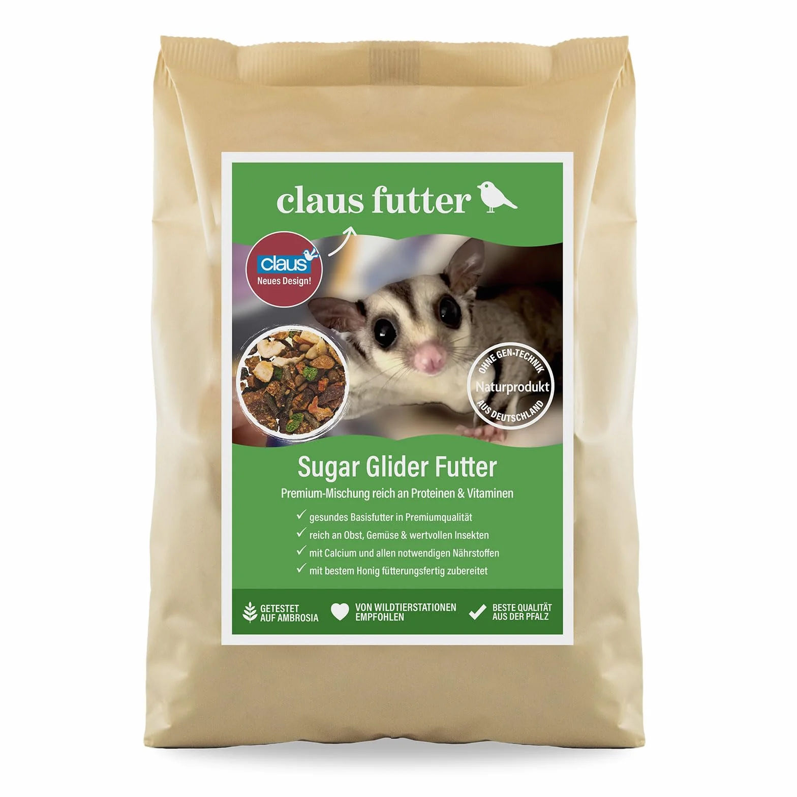 Claus Sugar Glider Food | 750 g | mieszanka paszowa pełnoporcjowa dla Sugar Glider | ze zrównoważonymi białkami, witaminami i wapniem | bogata w owoce, warzywa i owady
