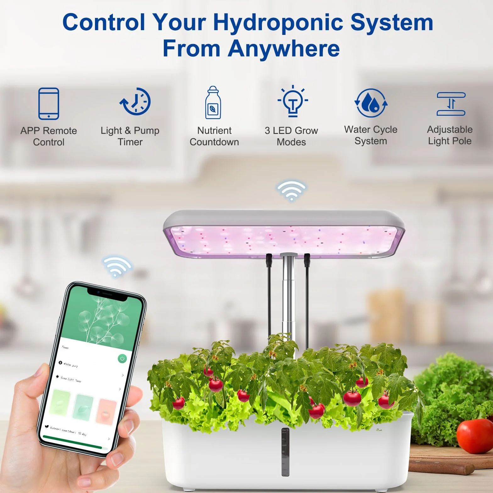 WiFi hydroponiczny system uprawy, 14 pods Smart Garden z lampą LED do roślin, sterowany ręcznie/aplikacją, automatyczny timer, do użytku wewnątrz i na zewnątrz, zestaw do ogrodu ziołowego,