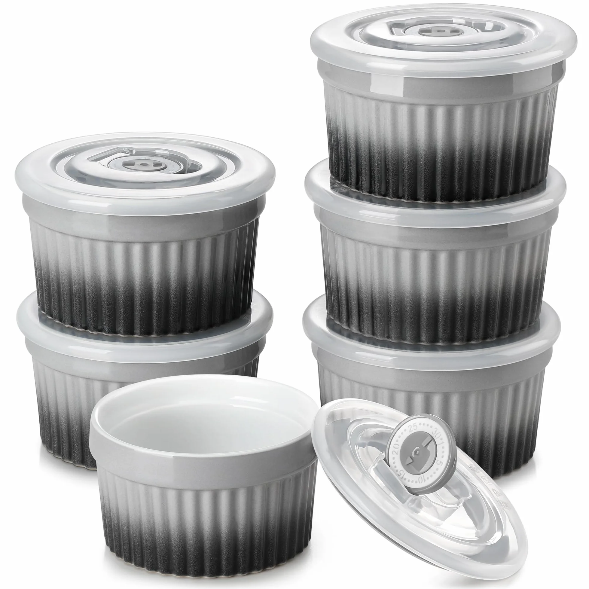 vancasso Ramekiny z pokrywkami, 6 x 260 ml, ramekiny i foremki do dmuchania z porcelany, Ramekin Creme Brulee do babeczek i ciast, ramekin, piekarnik do kremów, sos, owoce, Ø10,1 cm - szary