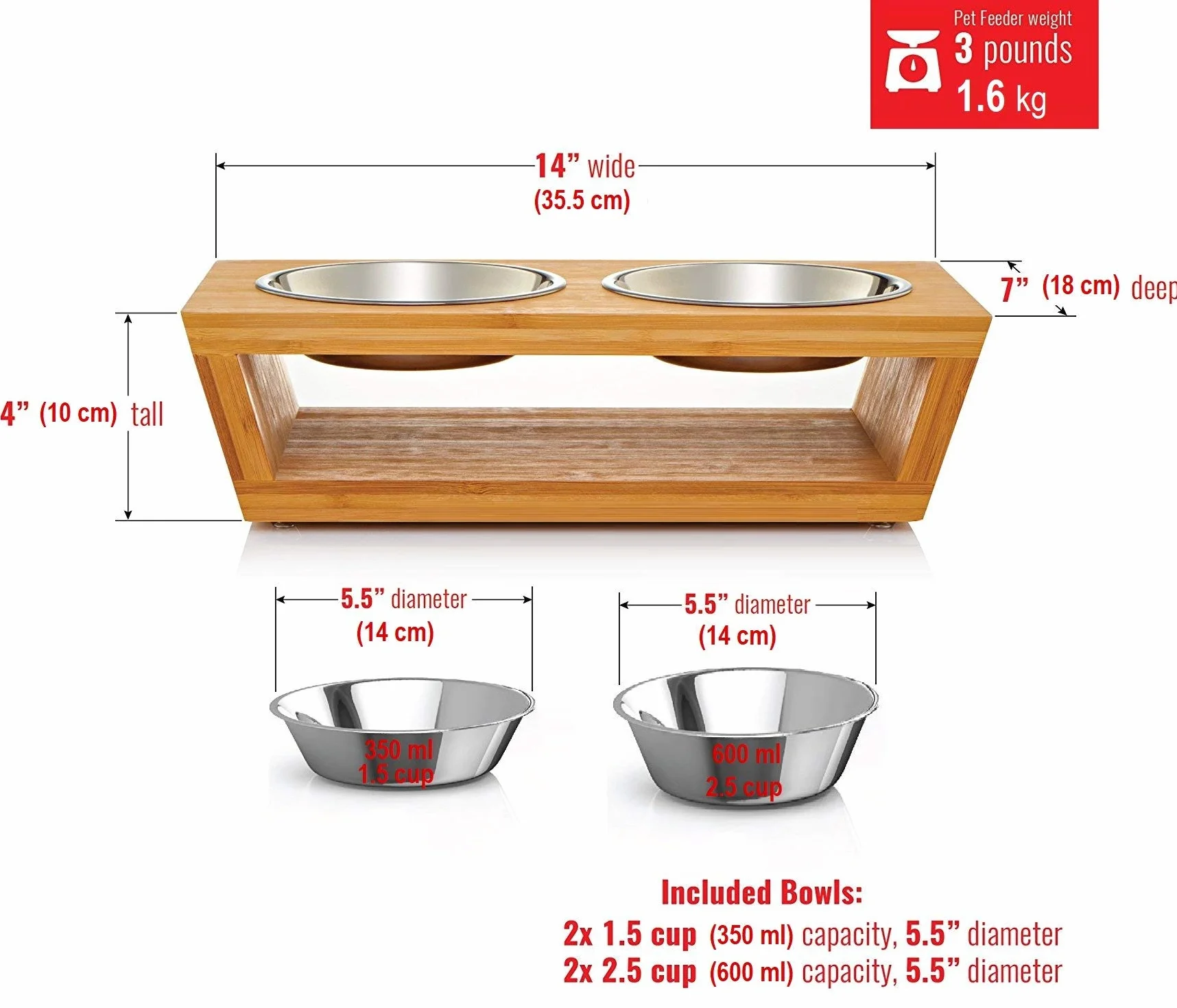 Podwyższony dozownik karmy dla kotów i małych psów z bambusa z 4 miskami ze stali nierdzewnej 2x350 ml 2x600 ml 10x35,5x18 cm