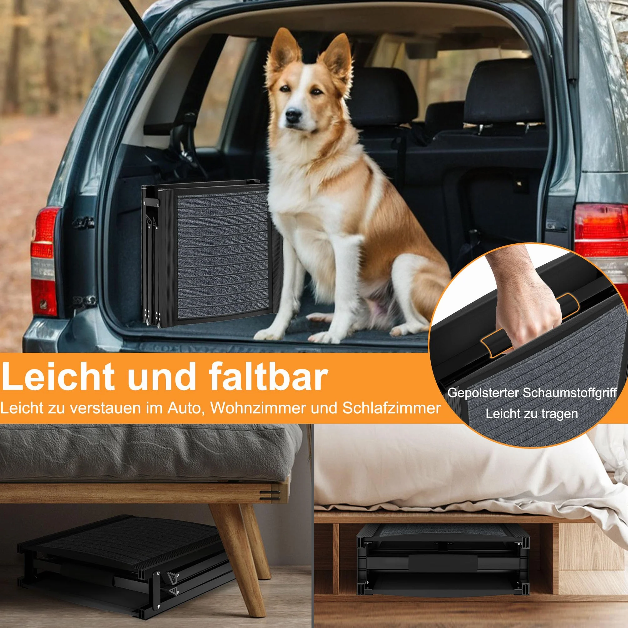 UISEBRT Składana rampa dla psów do samochodów osobowych i SUV-ów, aluminiowa klapa dla psów 157x43 cm, przenośna rampa bezpieczeństwa z antypoślizgową powierzchnią, rampa samochodowa dla psów do 110