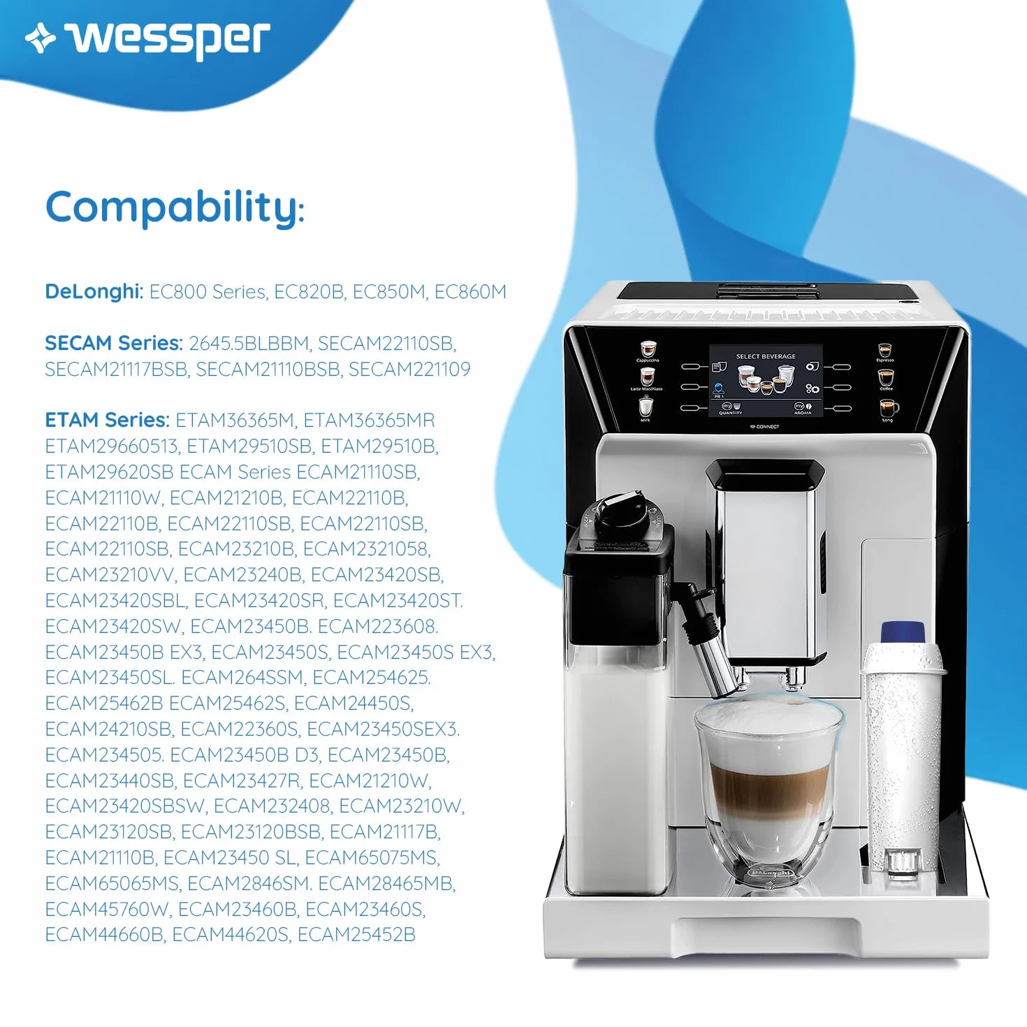 Wessper zamiennik filtra ekspresu do kawy DeLonghi DLSC002 z węglem aktywnym, kompatybilny z De'Longhi ECAM, Esam, ETAM, BCO, EC, 10 sztuk
