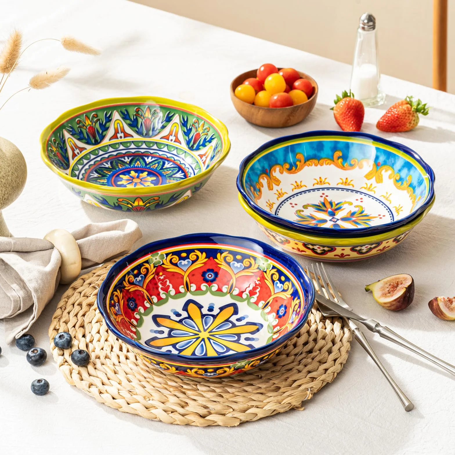 UNICASA 4-częściowy zestaw talerzy ceramicznych, 1000 ml, kolorowe talerze do makaronu, makaronu, spaghetti, sałatki, zupy, zmywarki i kuchenki mikrofalowej