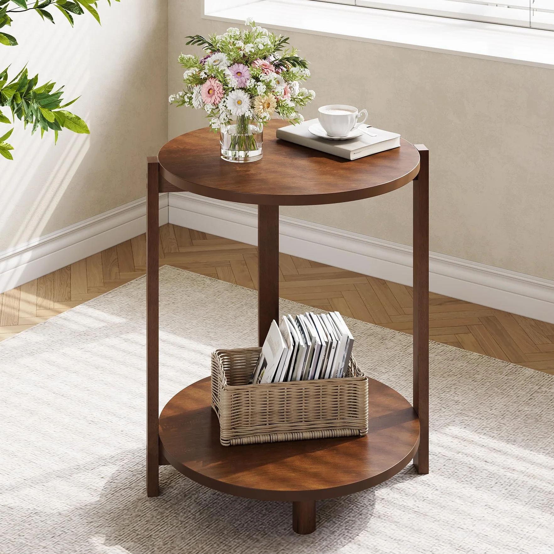 Stolik pomocniczy z litego drewna do salonu, mały okrągły stolik pomocniczy z 2 półkami, średnica 48 cm, drewniany stolik nocny w stylu retro, mebel akcentujący do małych pomieszczeń, sypialni