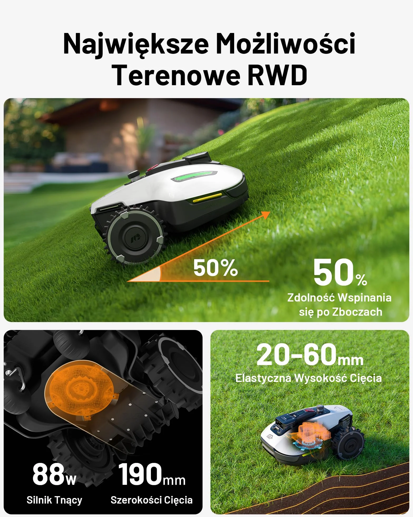 Robot koszący MAMMOTION YUKA Mini 500 z zapasowymi ostrzami, NetRTK+Vision, nie wymaga anteny RTK, automatyczne mapowanie, Rec. 500 m², maks. 700 m², z modułem 4G