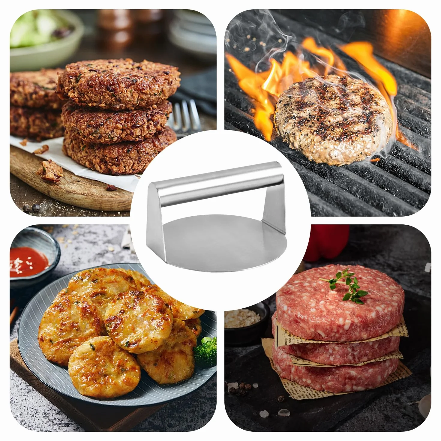 1 x prasa do hamburgerów, 1 x metalowe płótno, okrągła prasa do hamburgerów, prasa tortilla ze stali nierdzewnej, przybory kuchenne