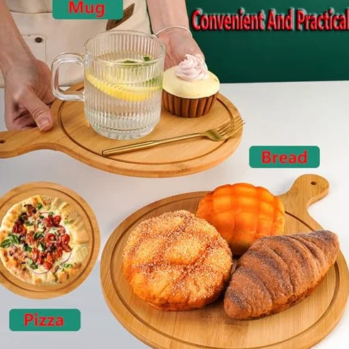 Zestaw 8 desek do serwowania pizzy z drewnianymi uchwytami o średnicy 33 cm, idealne do robienia pizzy, serwowania i przechowywania - idealne na imprezy i spotkania