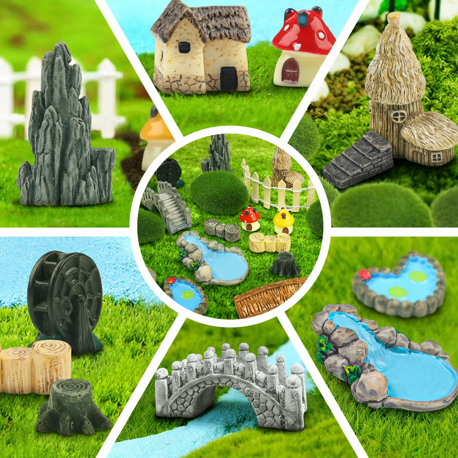 QUOZUO Miniatury ogrodowe, most, dom, krajobraz, studnia, ogrodzenie, figurki, staw, grzyb, trawnik, ozdoba do majsterkowania, sukulentów, 21 szt