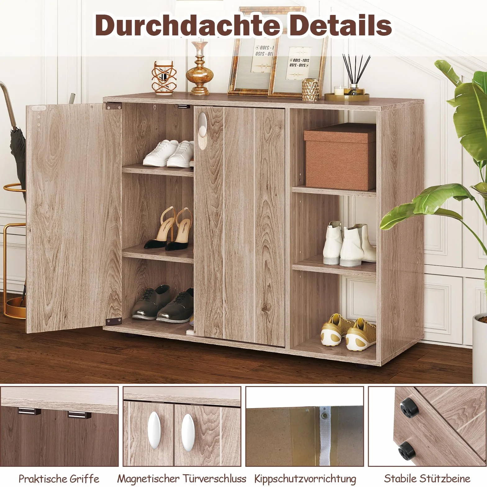COSTWAY Szafka na Buty z 2 Drzwiami i Regulowanymi Półkami, Regał na Obuwie z 3 Otwartymi Przegrodami, Komoda do Korytarza i Salonu, 80 × 31 × 64,5 cm (Kolor Naturalny)