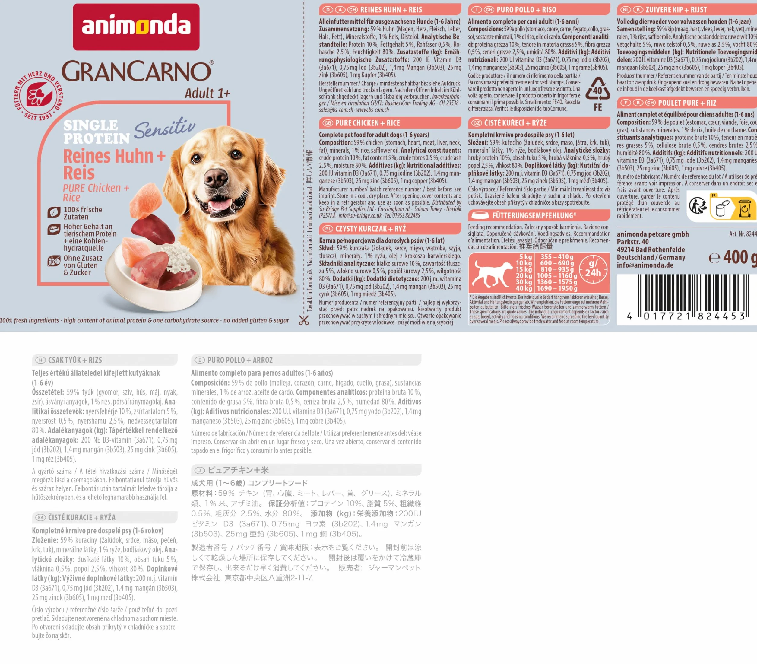 animonda Gran Carno Adult Sensitiv karma dla psów, mokra karma dla dorosłych psów, czysty kurczak + ryż, 6 x 400 g