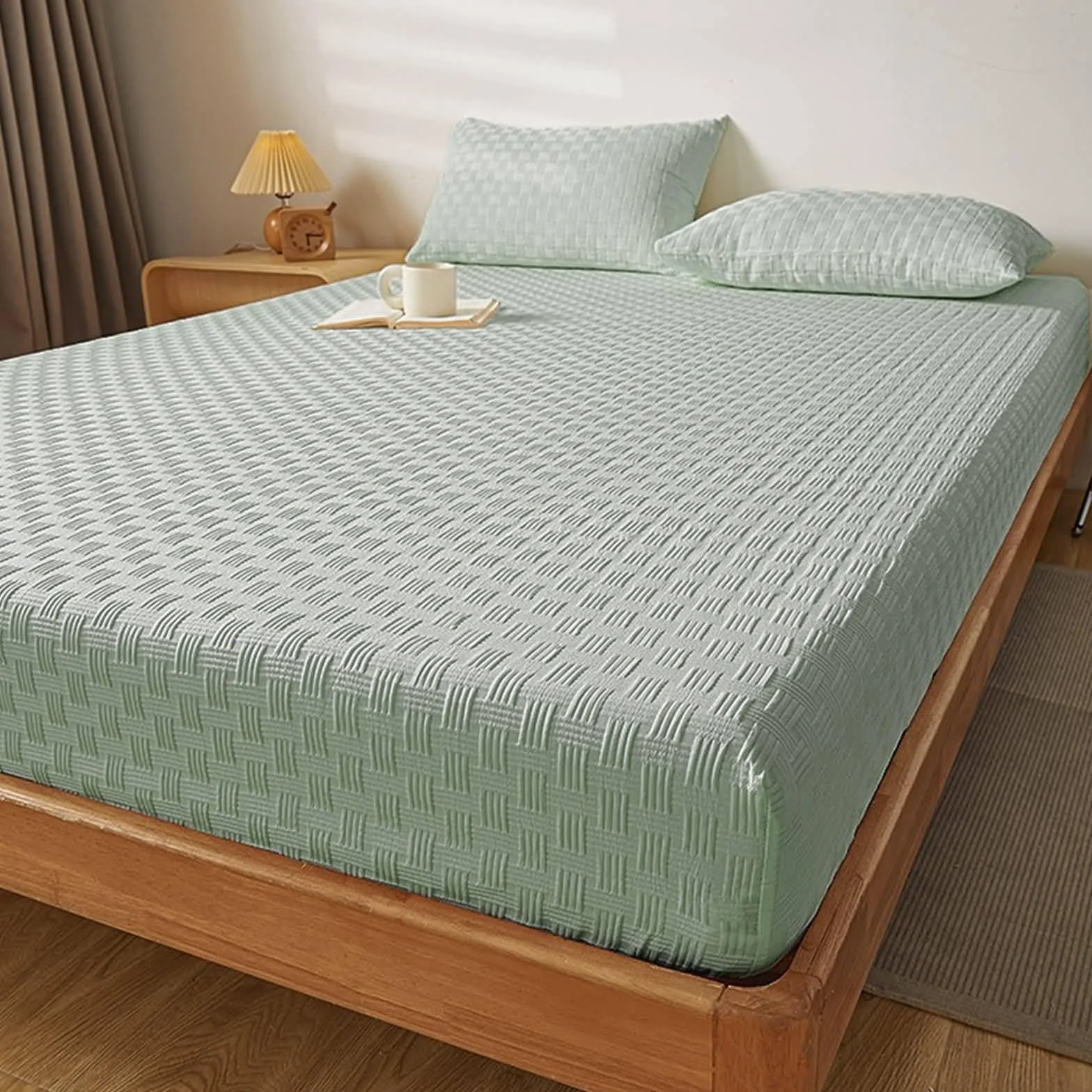 KnSam Prześcieradło z gumką 180 x 220 cm, nadaje się do prania, z 2 poszewkami na poduszki, jednokolorowe, z tkanym wzorem w kratkę, prześcieradło z gumką, poliester, bawełna, 3-częściowe, tekstylia