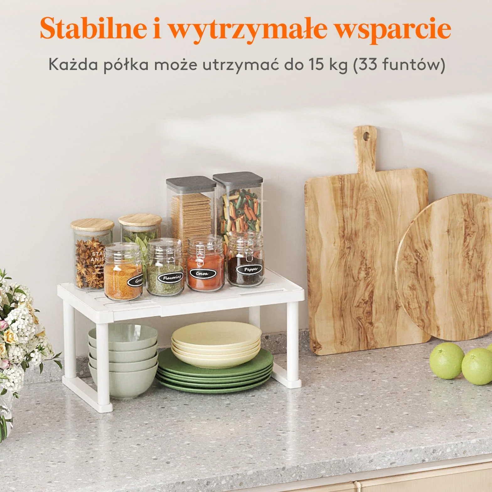 Organizer półek do szafek Lifewit, rozszerzalne półki kuchenne, plastikowe półki do przechowywania w spiżarni i stojak na przyprawy, zestaw 2, biały