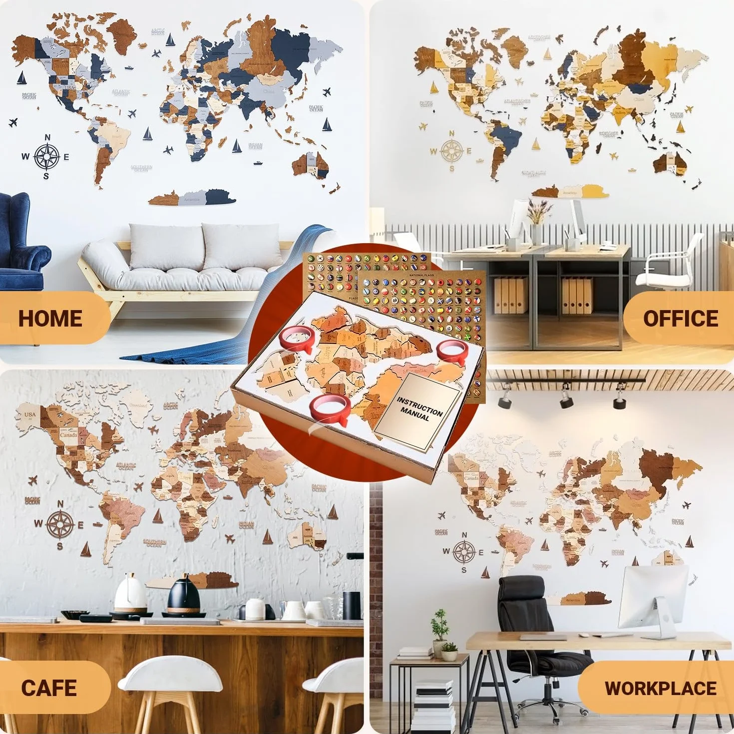 WOW WOOD Drewniana mapa świata 3D na ścianę — wersja angielska | montaż bez wiercenia (taśma akrylowa, szablony) (Art Deco, Kolor drewna w języku angielskim, 120 x 65 cm)